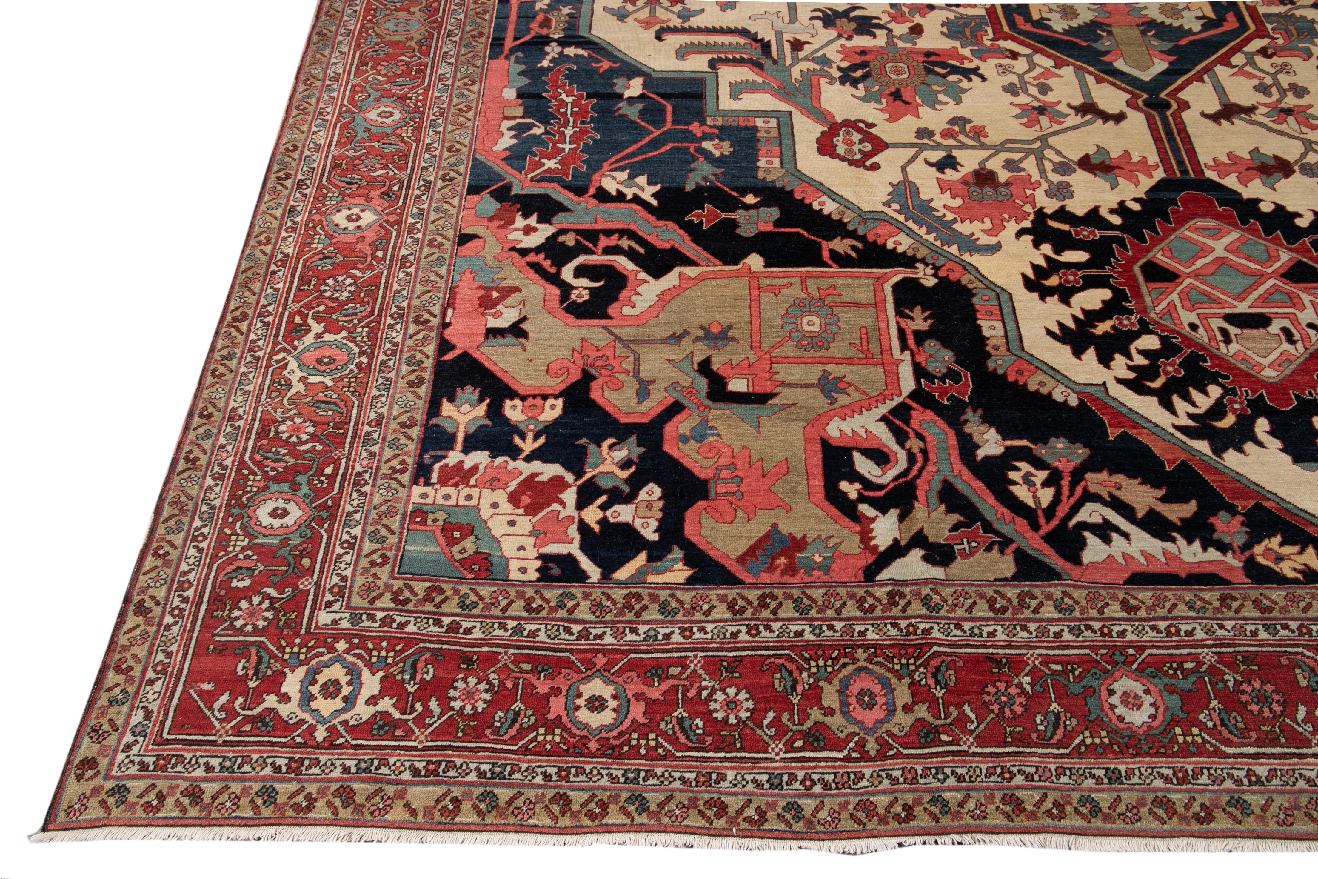 Hand-Knotted Late 19th Century Antique Serapi Persian Handmade Wool Rug For Sale
