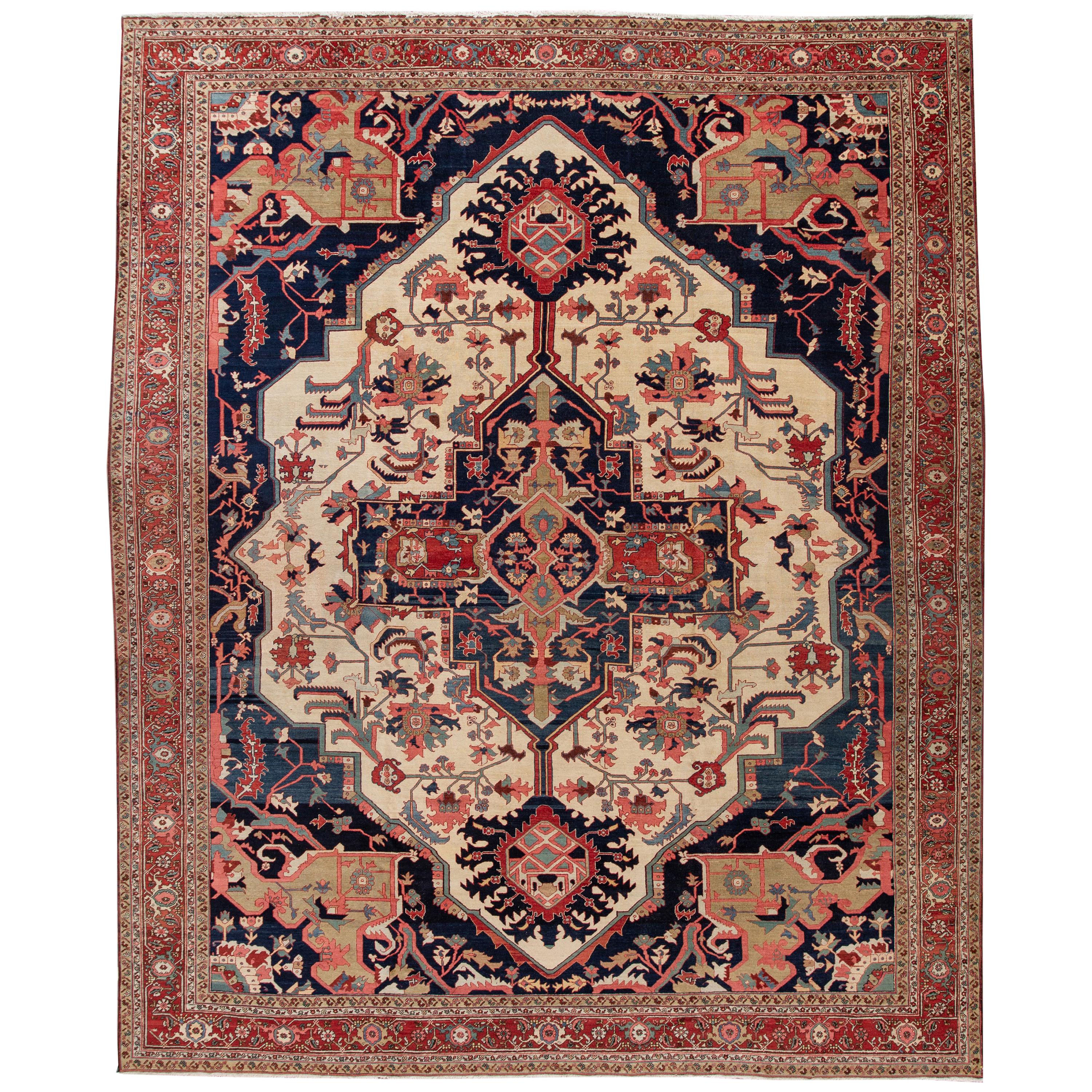 Late 19th Century Antique Serapi Persian Handmade Wool Rug