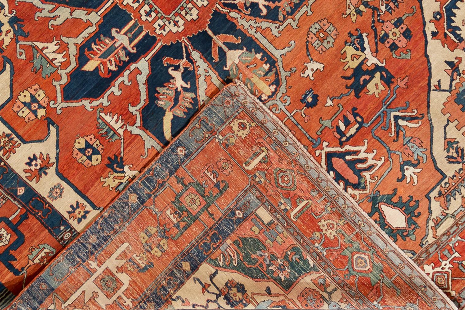 Asian Late 19th Century Antique Serapi Wool Rug For Sale