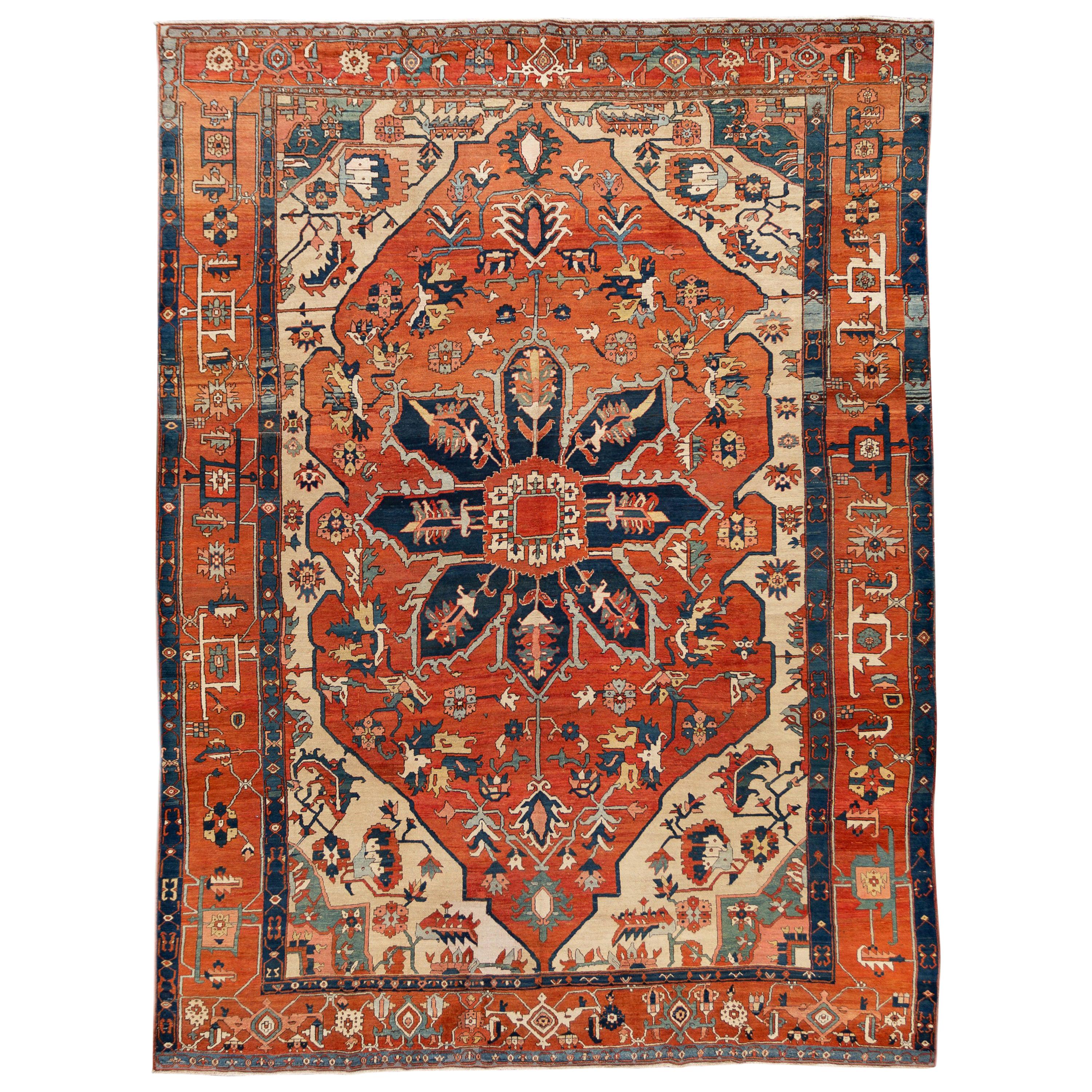 Late 19th Century Antique Serapi Wool Rug For Sale