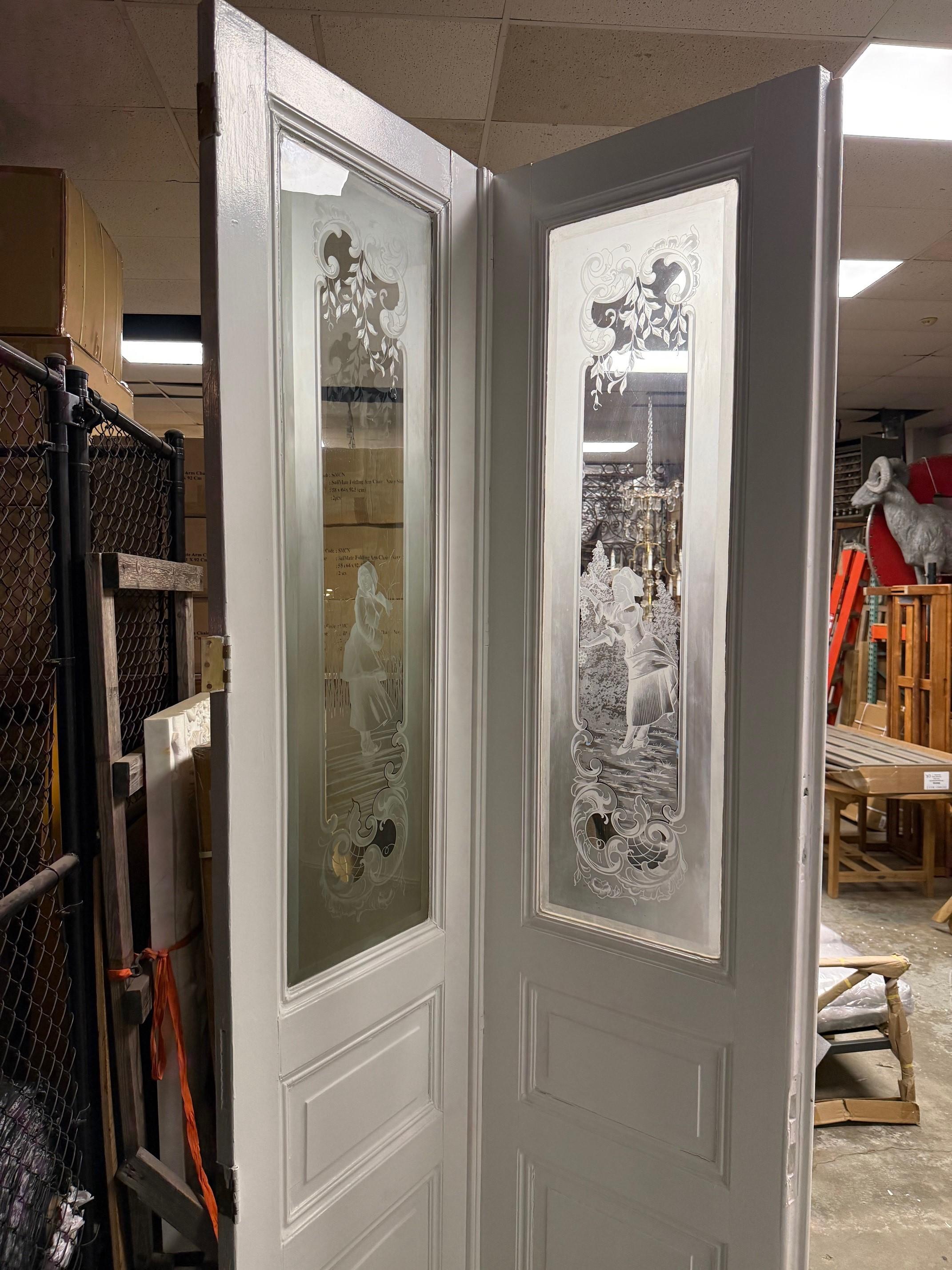 Late 19th Century Antique Set of Four Acid Etched Glass Doors, Four Seasons For Sale 14