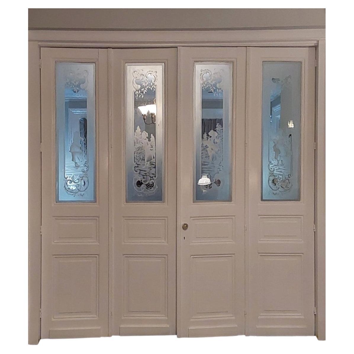 Late 19th Century Antique Set of Four Acid Etched Glass Doors, Four Seasons