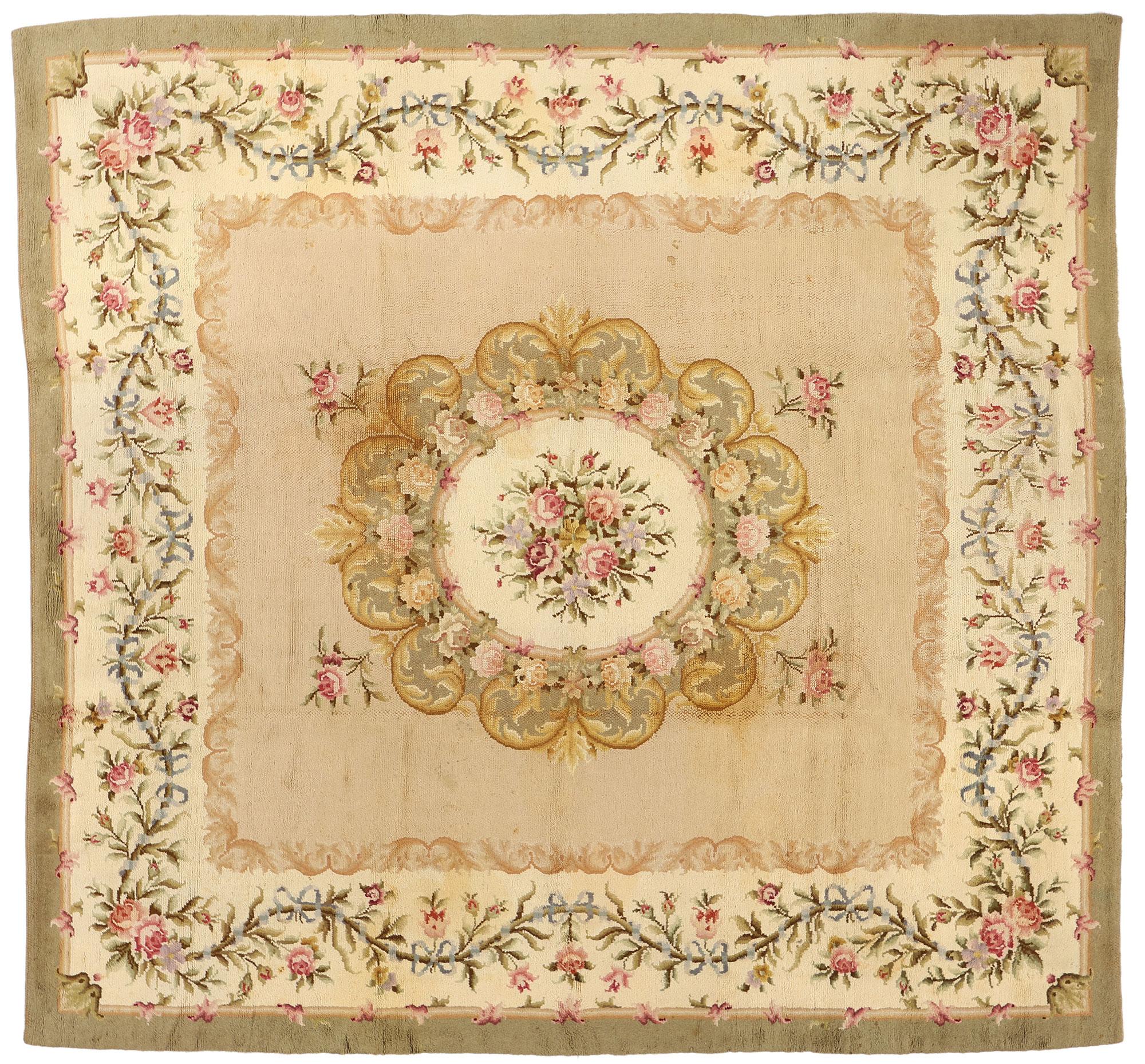 Late 19th Century Antique Spanish Savonnerie Square Rug with French Chintz Style For Sale 4
