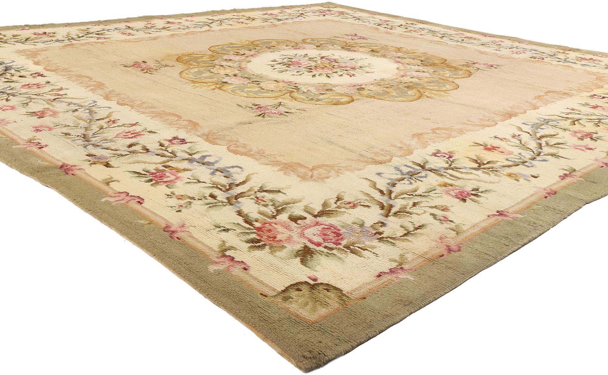 72167 Antique Spanish Savonnerie Square Rug, 12'06 x 13'00. A testament to the grandeur of European textile artistry, this hand-knotted wool Late 19th Century antique Spanish Savonnerie rug exudes an air of aristocratic refinement. Woven with
