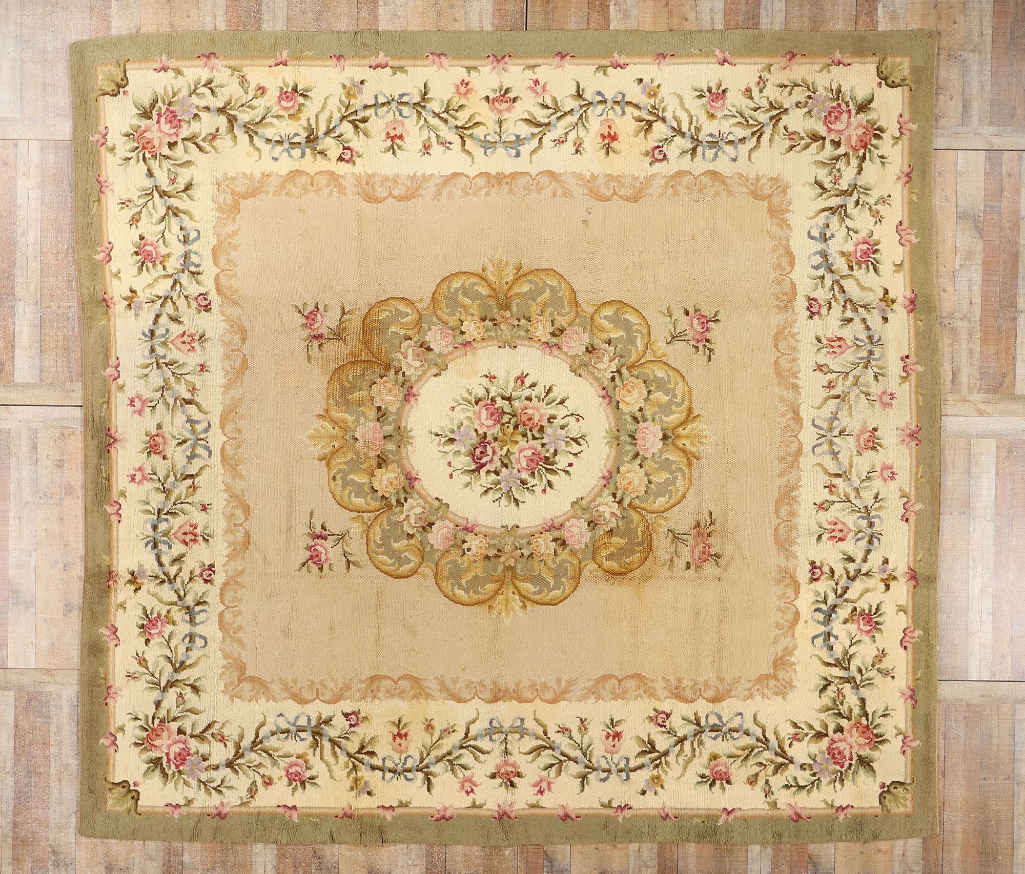 Late 19th Century Antique Spanish Savonnerie Square Rug with French Chintz Style For Sale 3