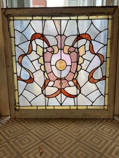 Victorian Antique Stained Glass Window with Wood Frame, Circa 1890s