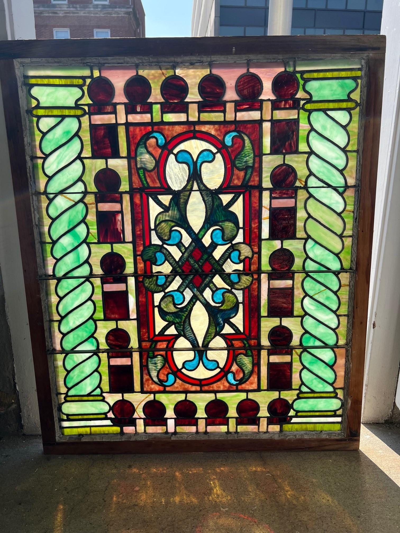 Late 19th Century Antique Stained Glass Window in Original Frame For Sale 9