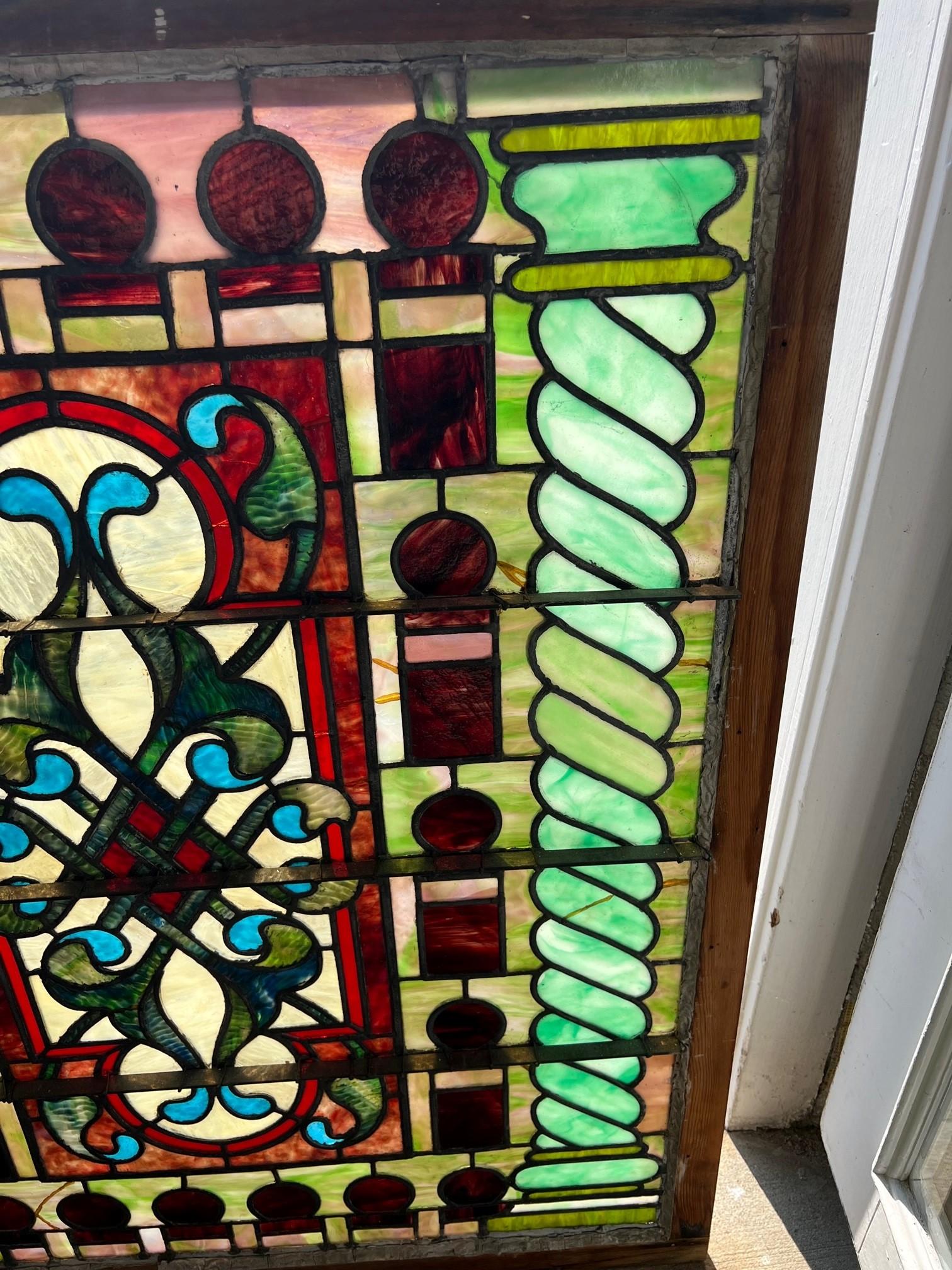 Late 19th Century Antique Stained Glass Window in Original Frame For Sale 10