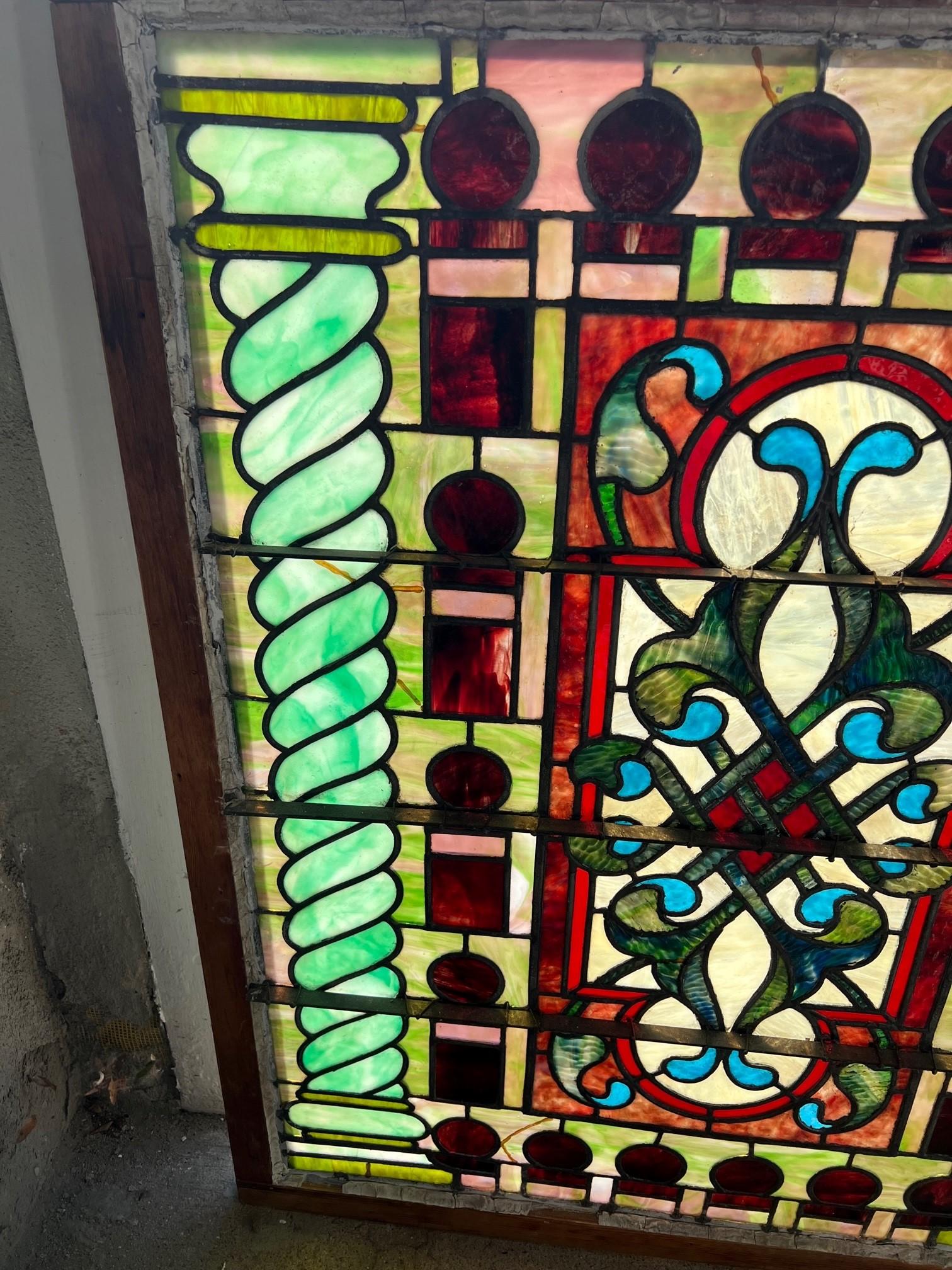 Late 19th Century Antique Stained Glass Window in Original Frame For Sale 11