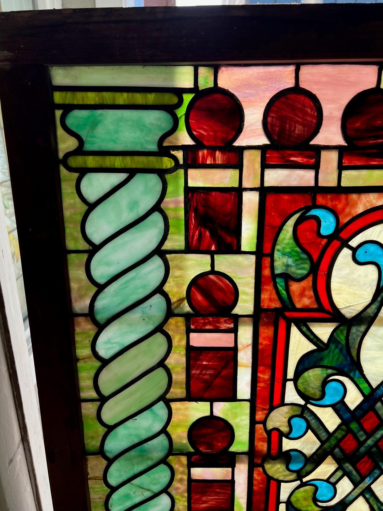 Late 19th Century Antique Stained Glass Window in Original Frame For Sale 2