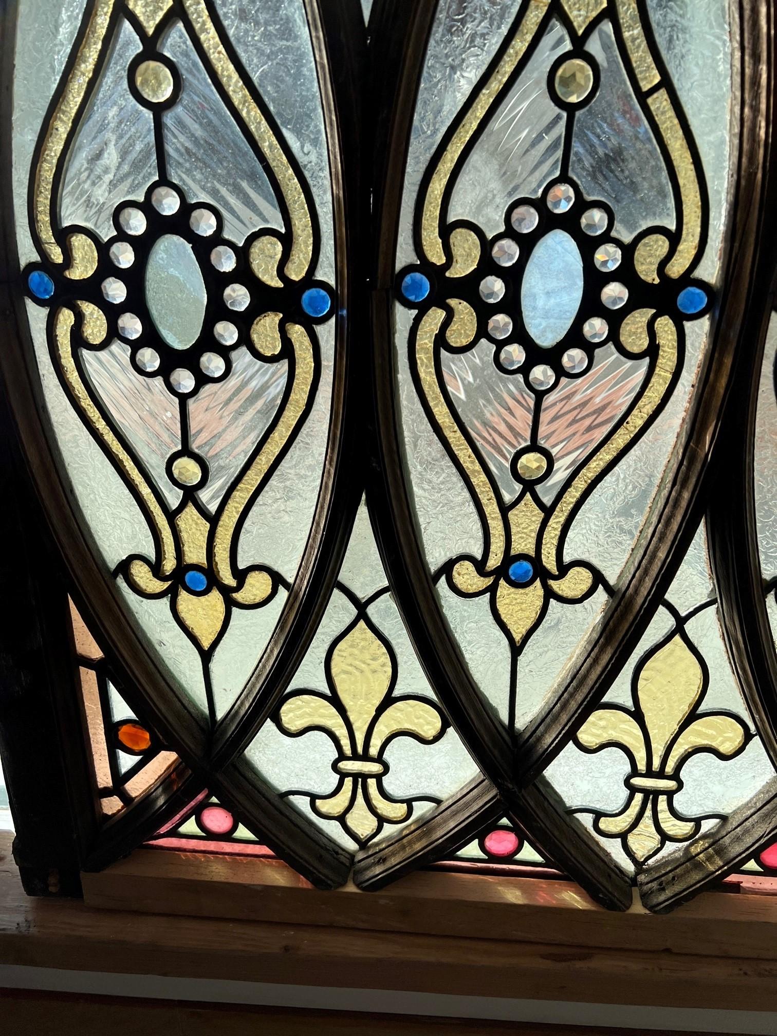 Late 19th Century Antique Stained Glass Window Jewels, Fleur-De-Lis, Wood Frame  4