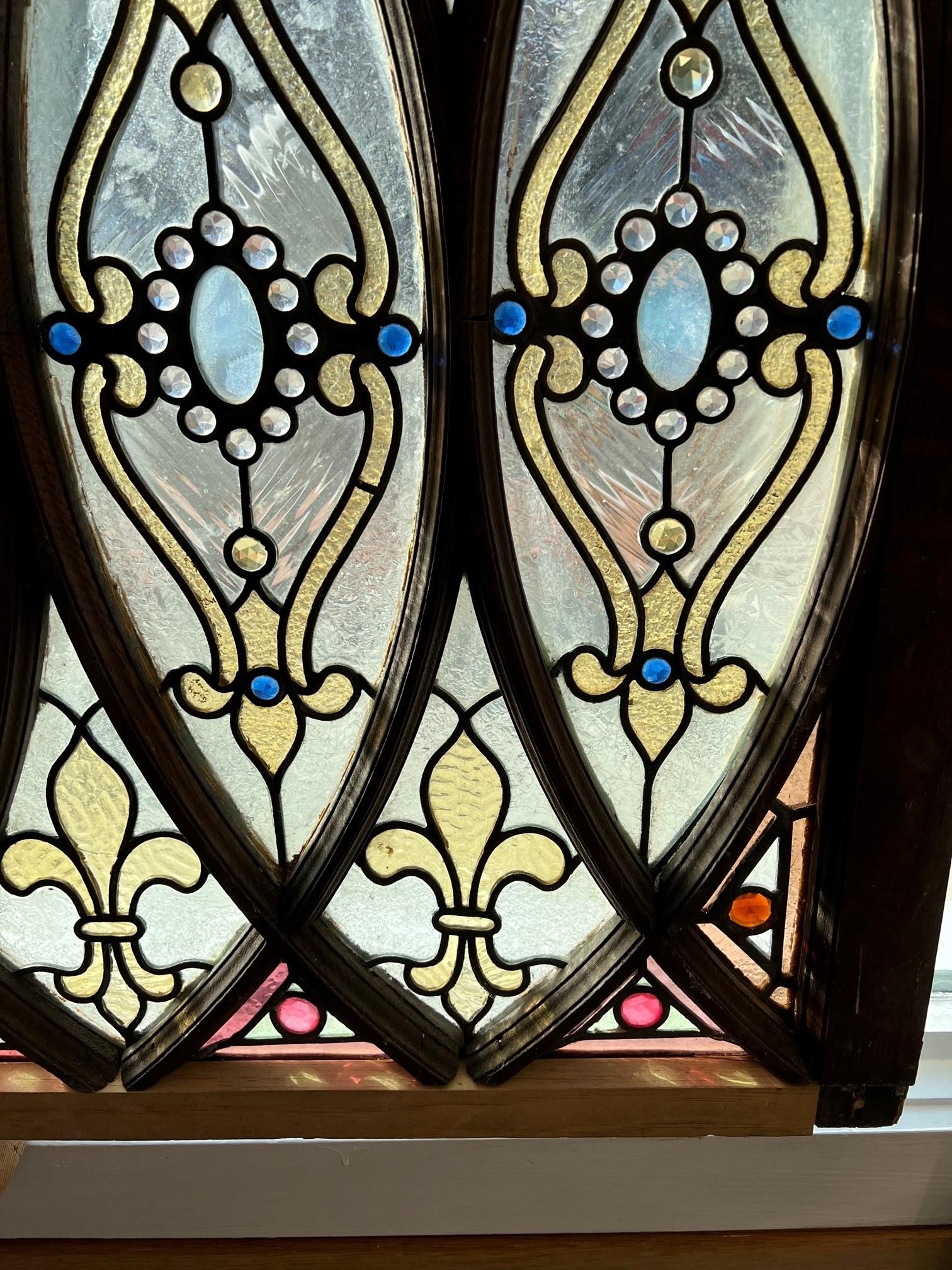 Late 19th Century Antique Stained Glass Window Jewels, Fleur-De-Lis, Wood Frame  6