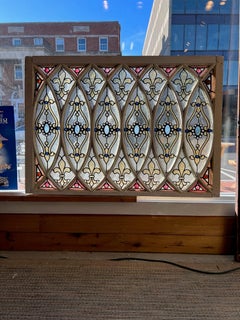 Late 19th Century Antique Stained Glass Window Jewels, Fleur-De-Lis, Wood Frame