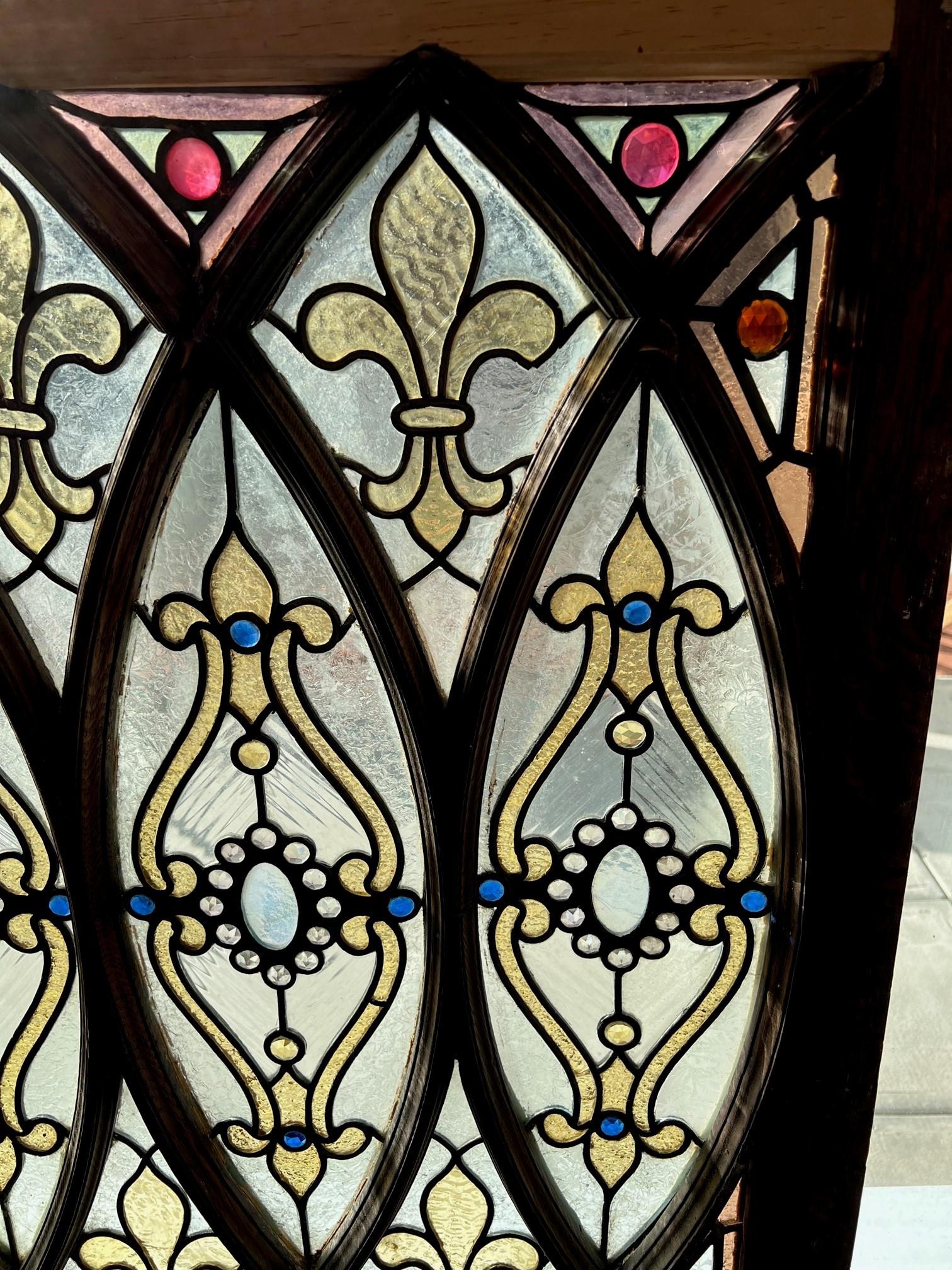 Late 19th Century Antique Stained Glass Window Jewels, Fleur-De-Lis, Wood Frame 1