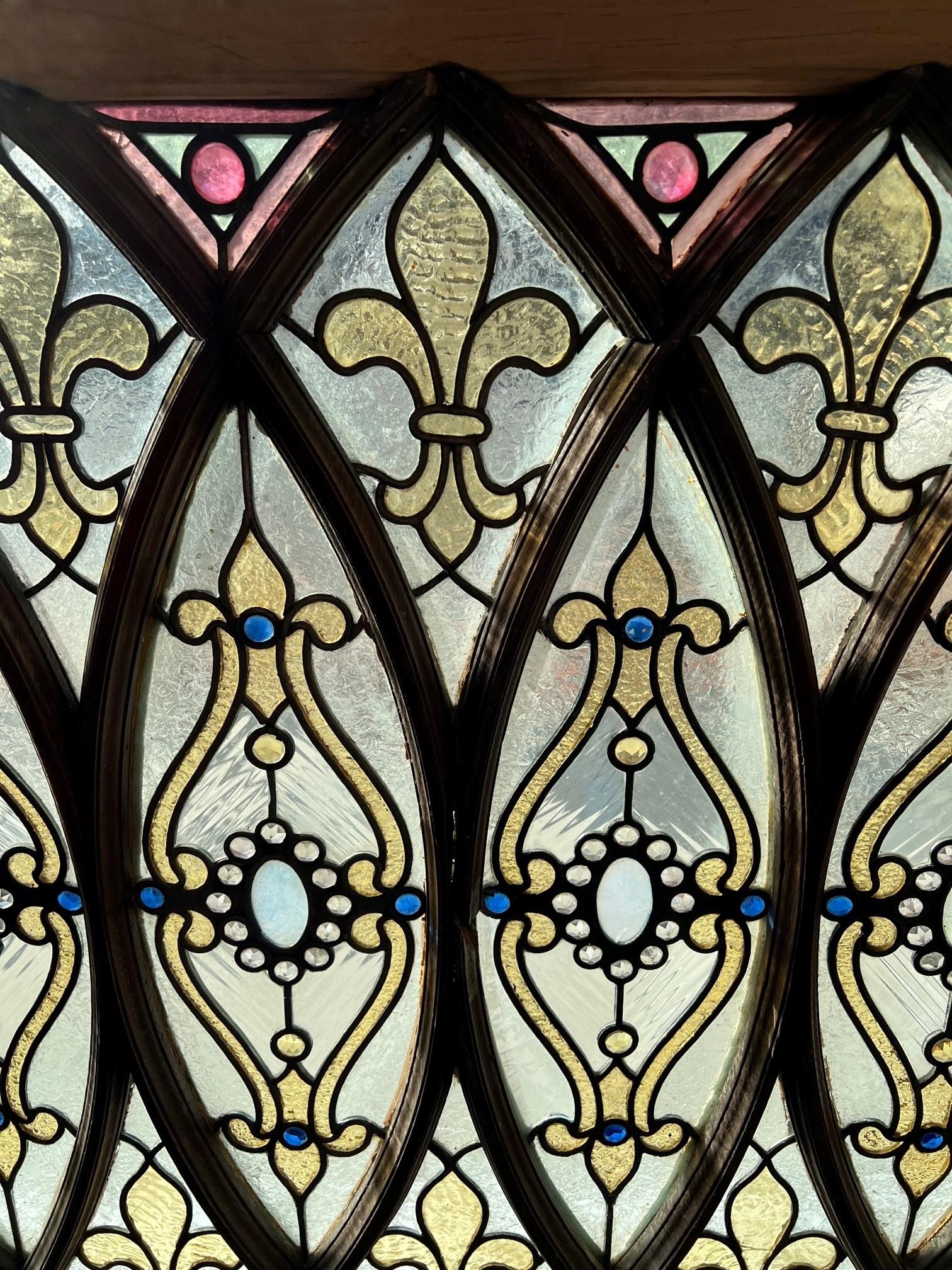 Late 19th Century Antique Stained Glass Window Jewels, Fleur-De-Lis, Wood Frame 2