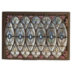 Late 19th Century Antique Stained Glass Window Jewels, Fleur-De-Lis, Wood Frame