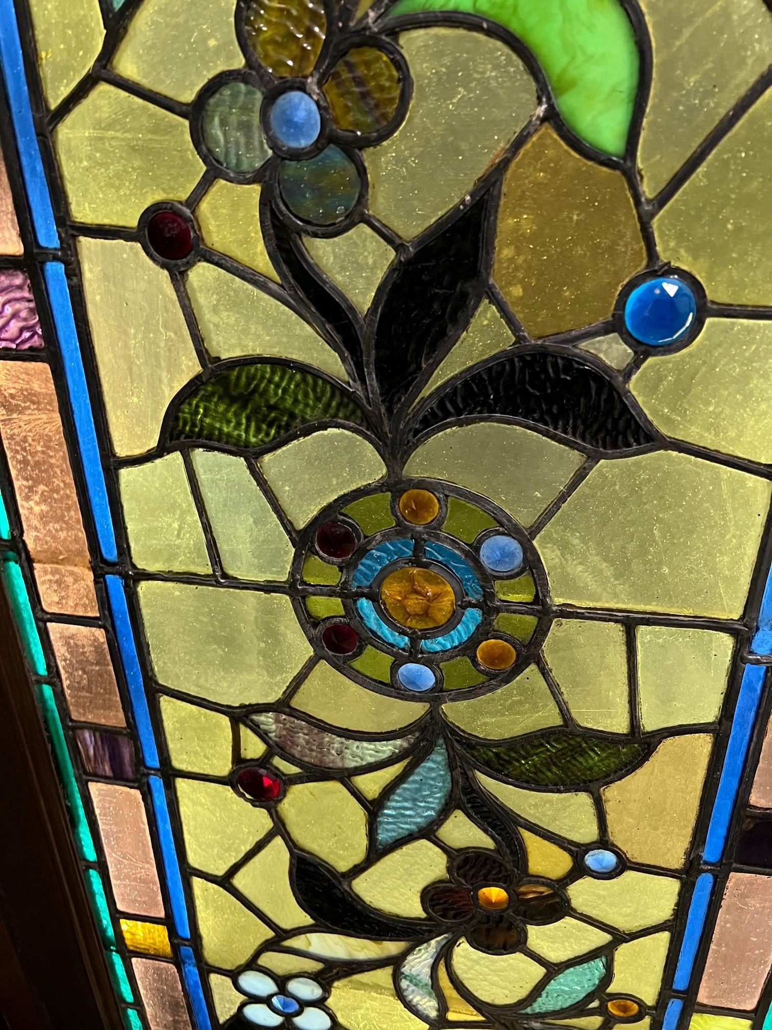 Late 19th Century Antique Stained Glass Window with Flowers and Jewels For Sale 10