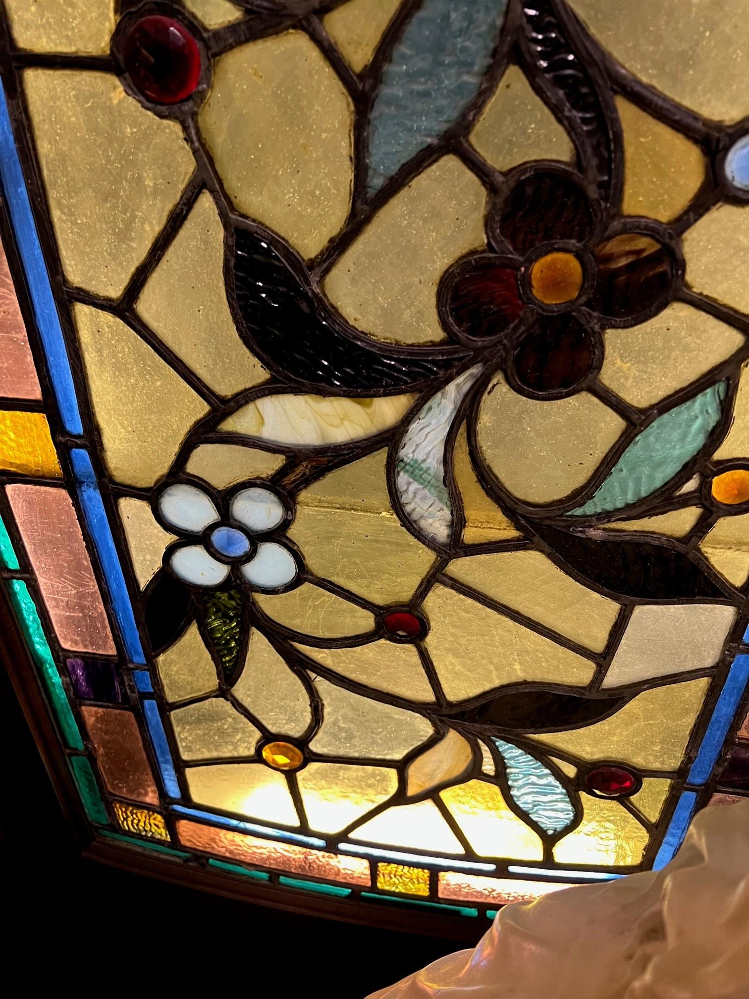 Late 19th Century Antique Stained Glass Window with Flowers and Jewels For Sale 11