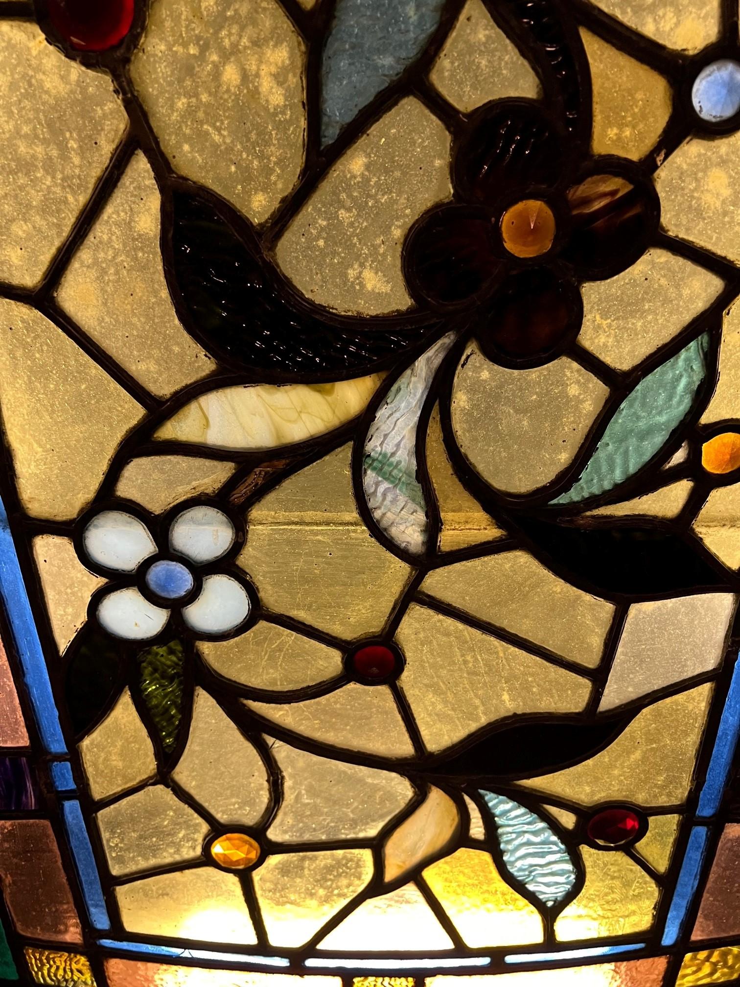 American Late 19th Century Antique Stained Glass Window with Flowers and Jewels For Sale
