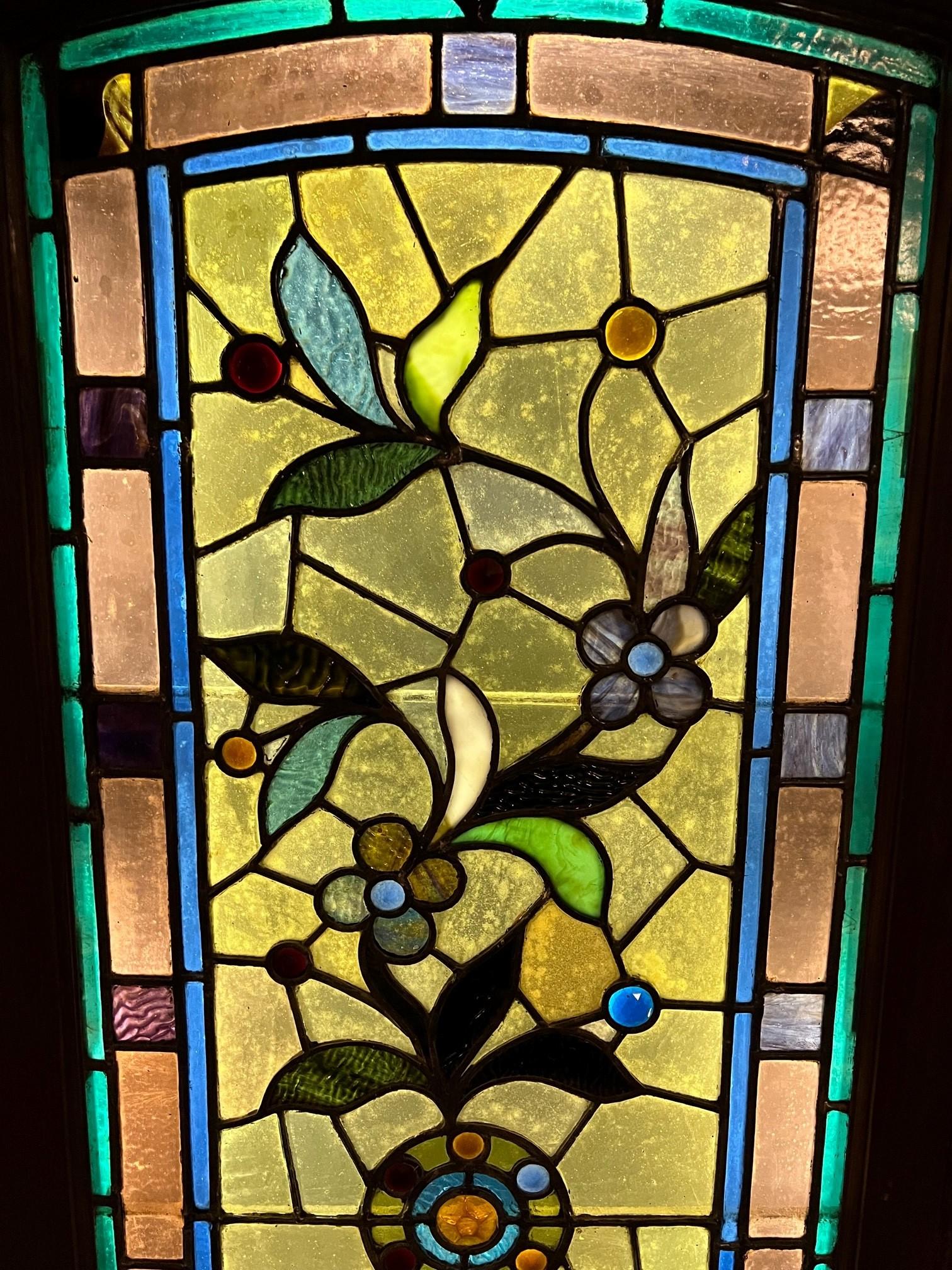 Late 19th Century Antique Stained Glass Window with Flowers and Jewels In Good Condition For Sale In Stamford, CT