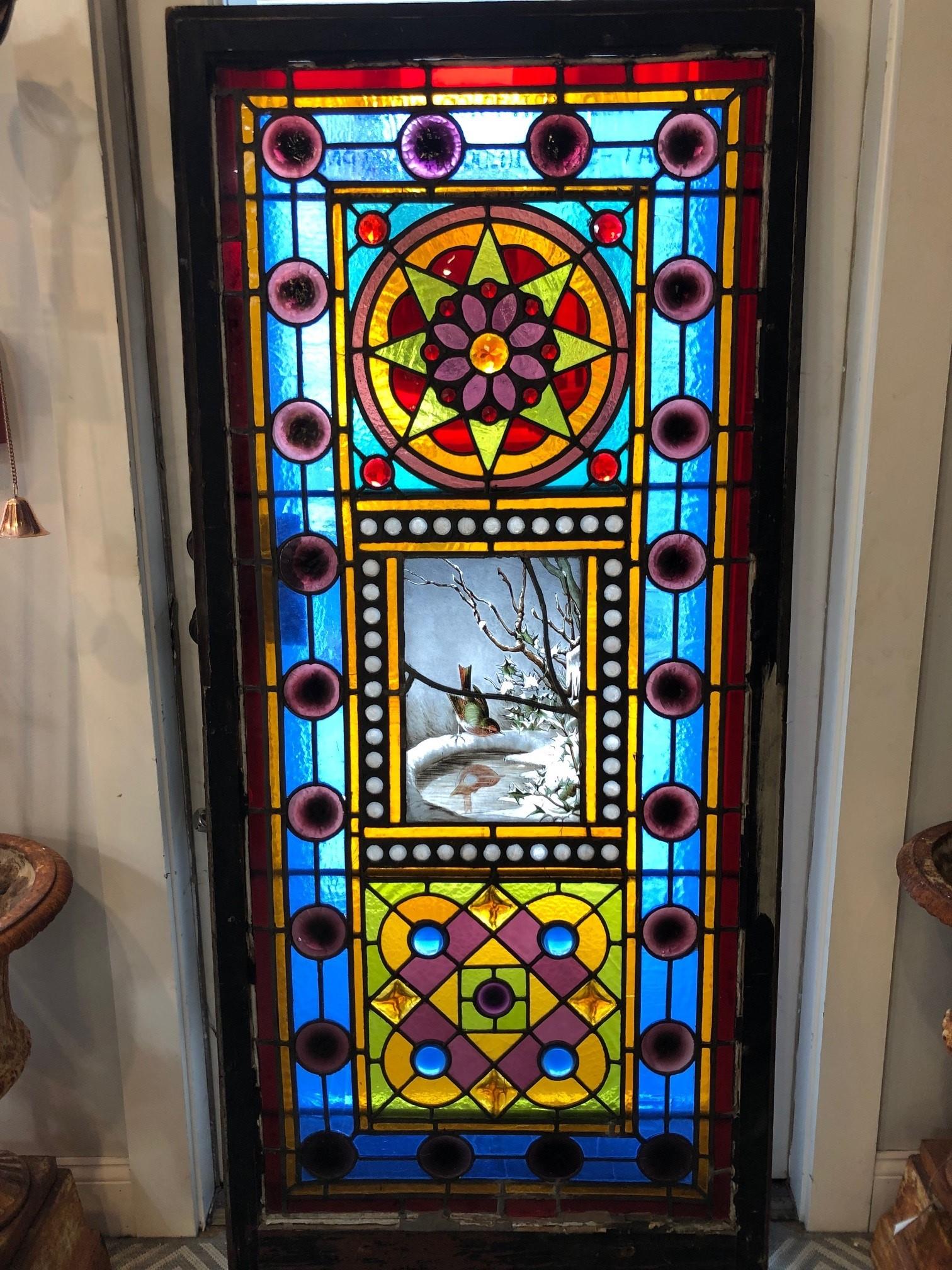 Late 19th Century Antique Stained Glass Window with Hand Painted Center, Jewels For Sale 3