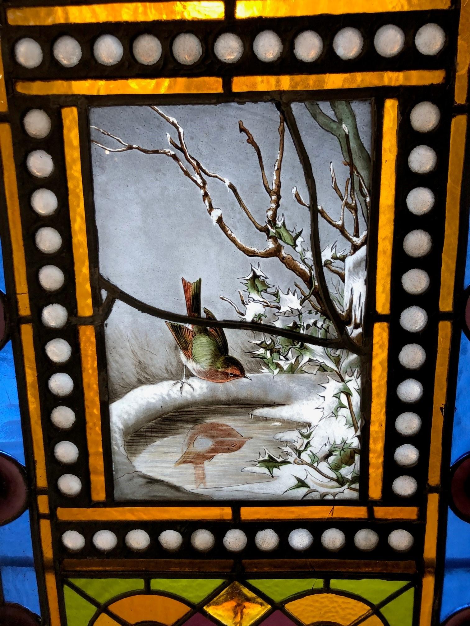 Late 19th Century Antique Stained Glass Window with Hand Painted Center, Jewels For Sale 4