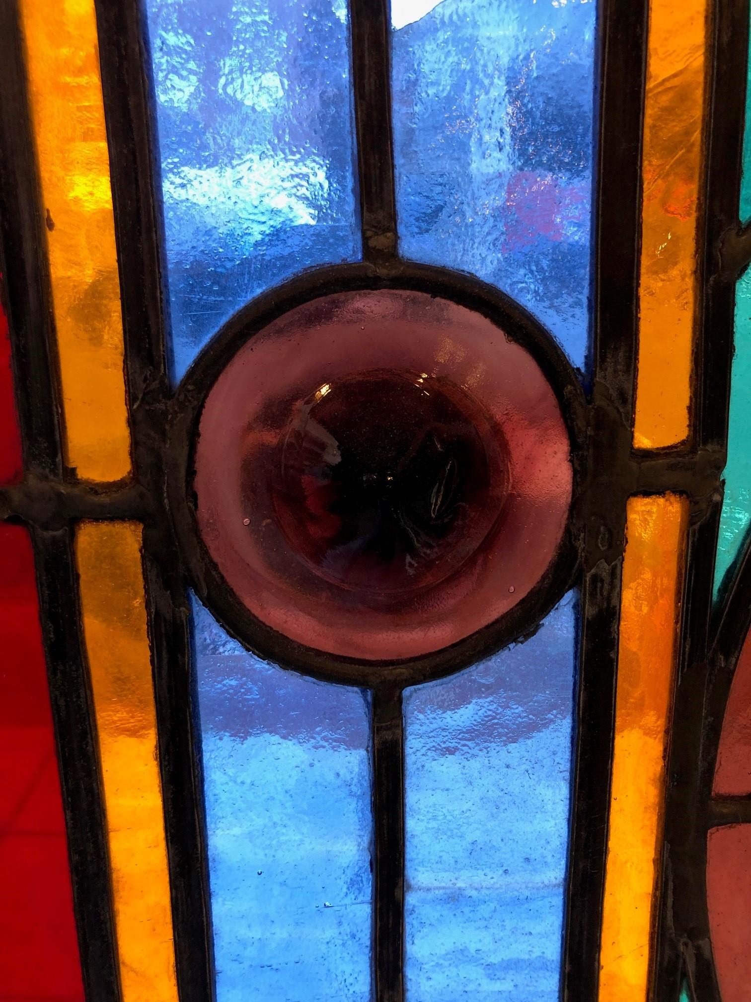 Late 19th Century Antique Stained Glass Window with Hand Painted Center, Jewels For Sale 8
