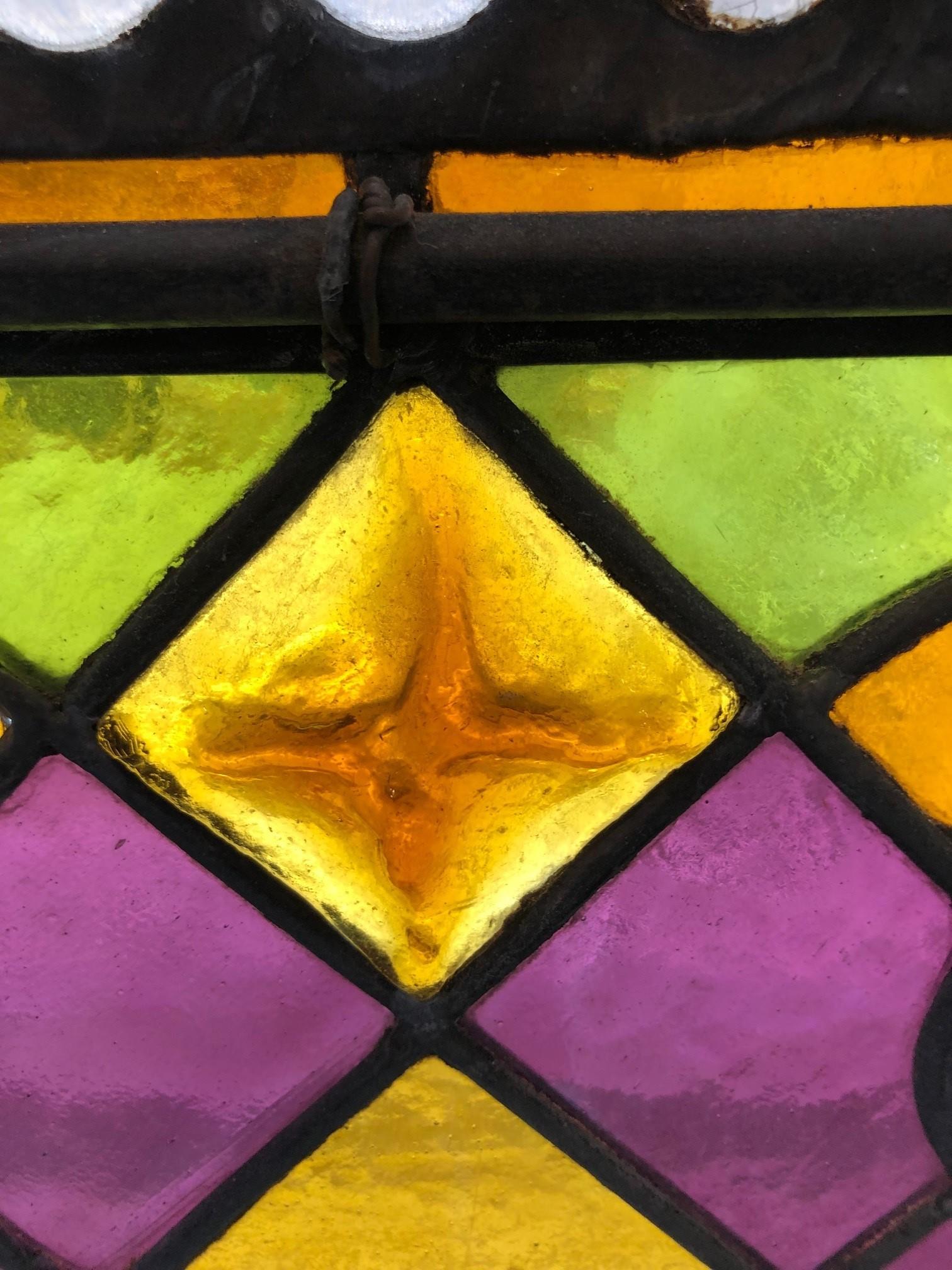 Late 19th Century Antique Stained Glass Window with Hand Painted Center, Jewels For Sale 9