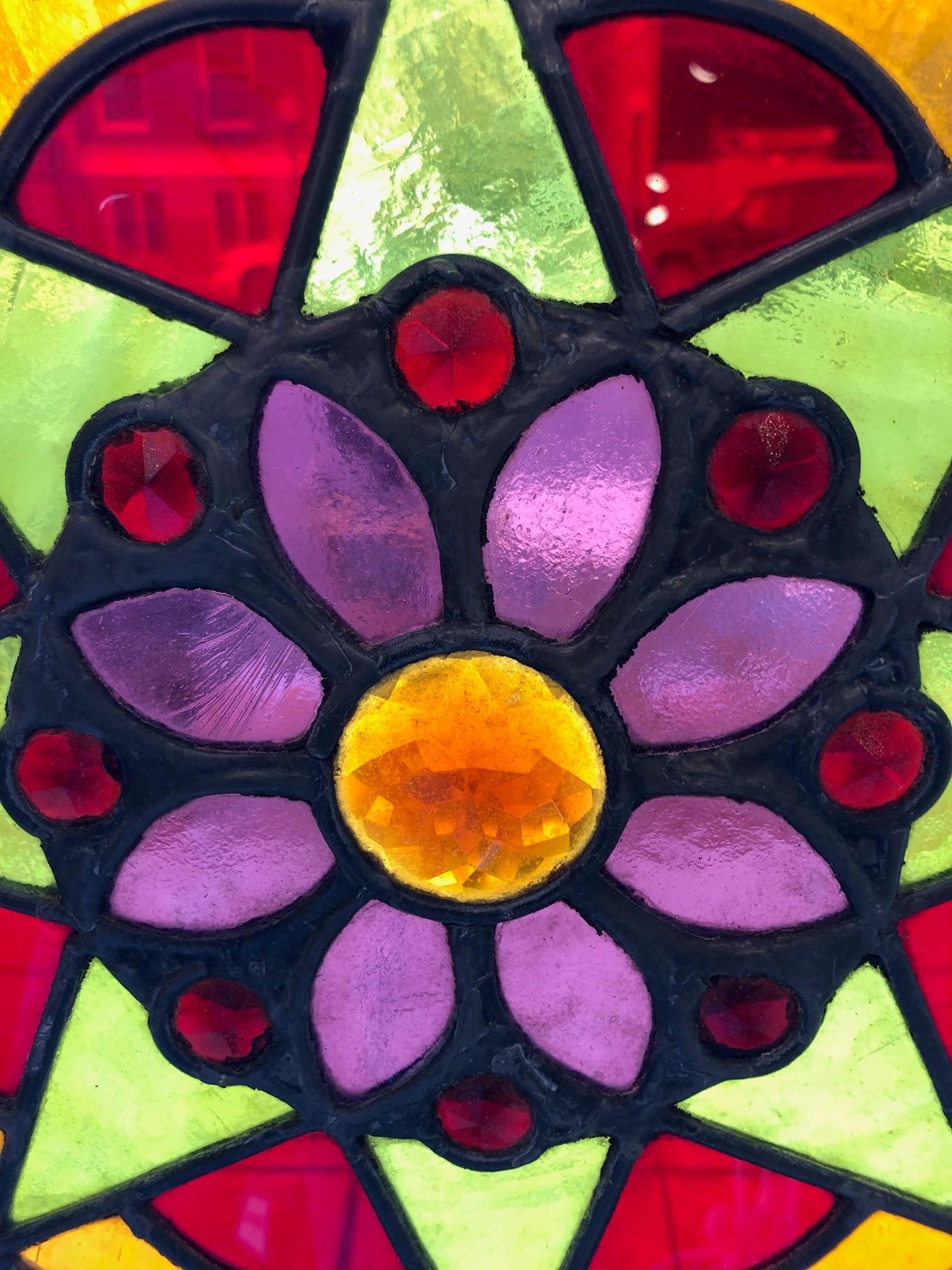 Late 19th Century Antique Stained Glass Window with Hand Painted Center, Jewels For Sale 11