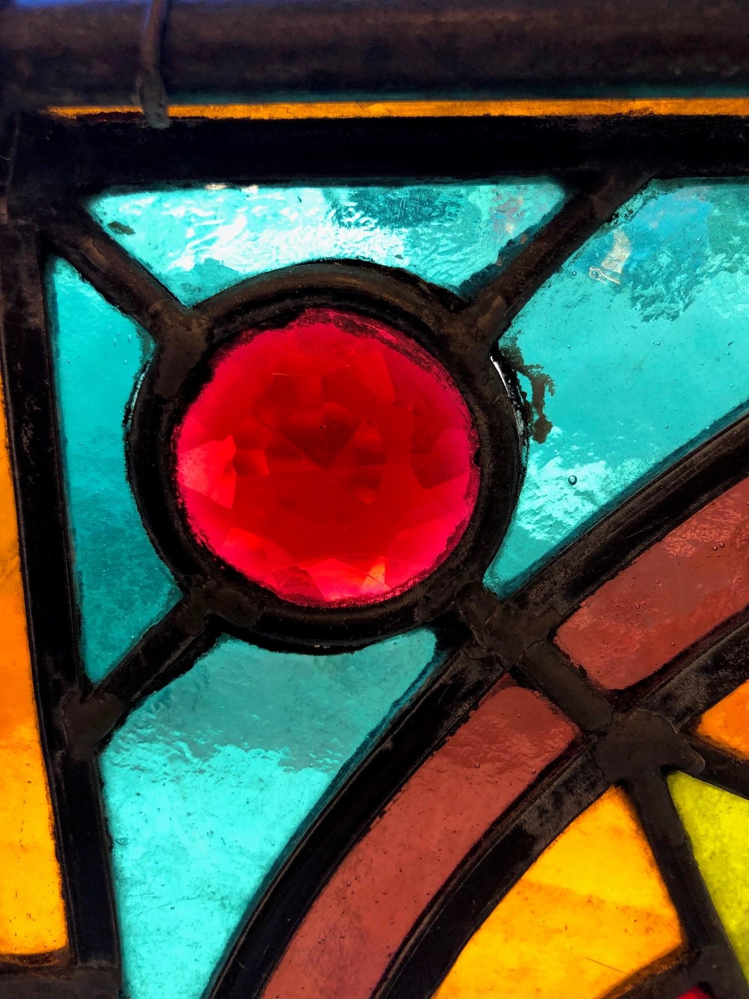 Late 19th Century Antique Stained Glass Window with Hand Painted Center, Jewels For Sale 12