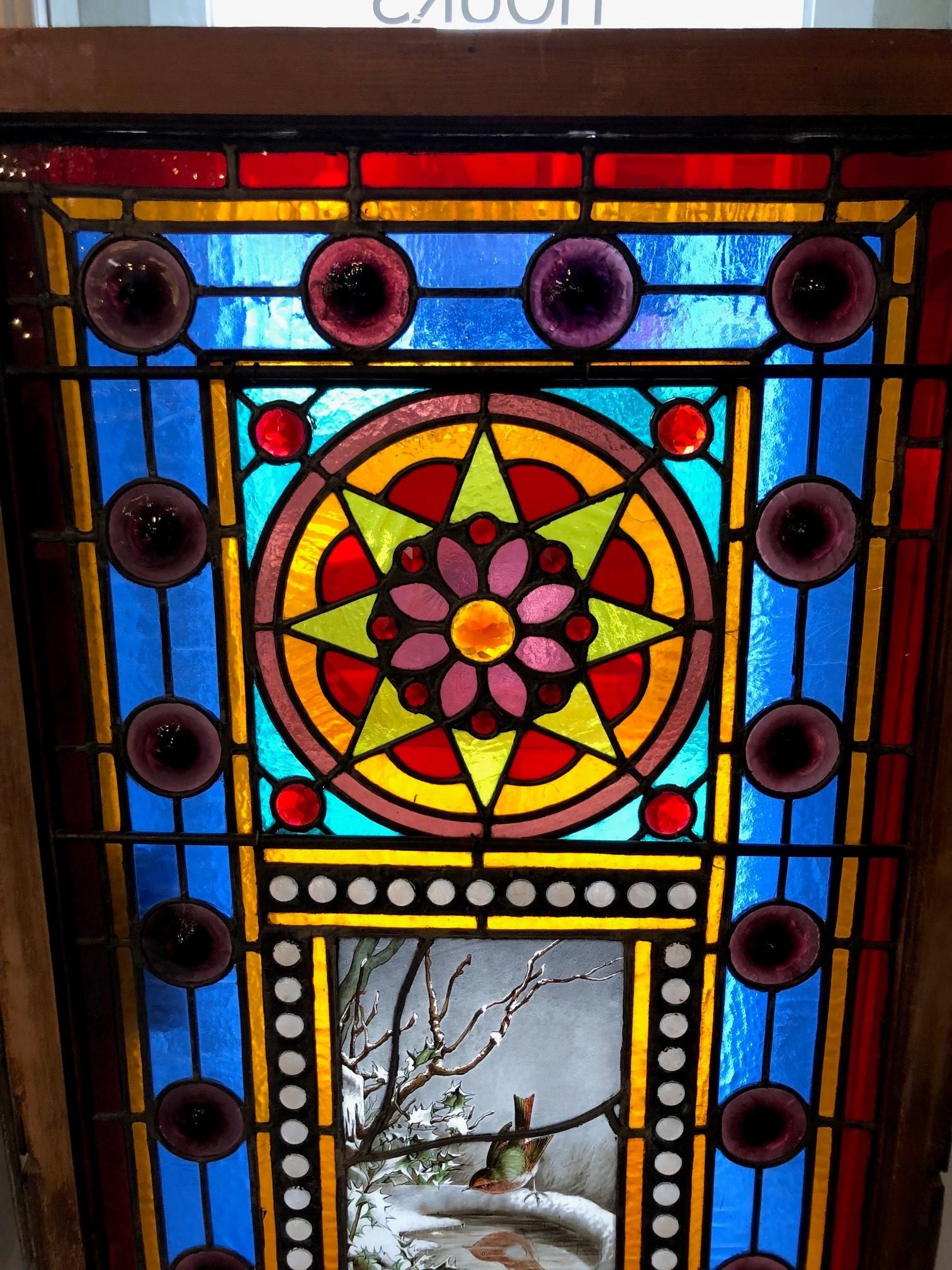 American Late 19th Century Antique Stained Glass Window with Hand Painted Center, Jewels For Sale
