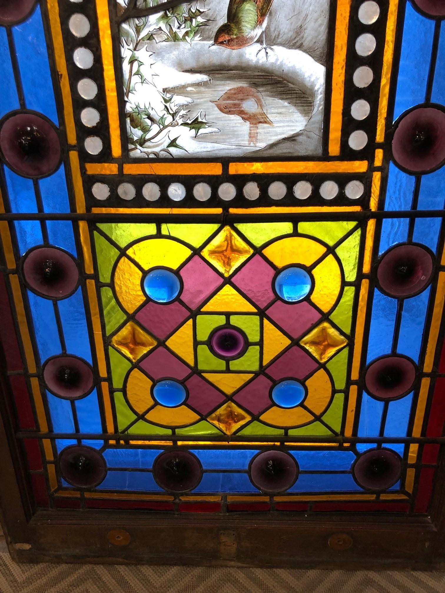 Hand-Painted Late 19th Century Antique Stained Glass Window with Hand Painted Center, Jewels For Sale