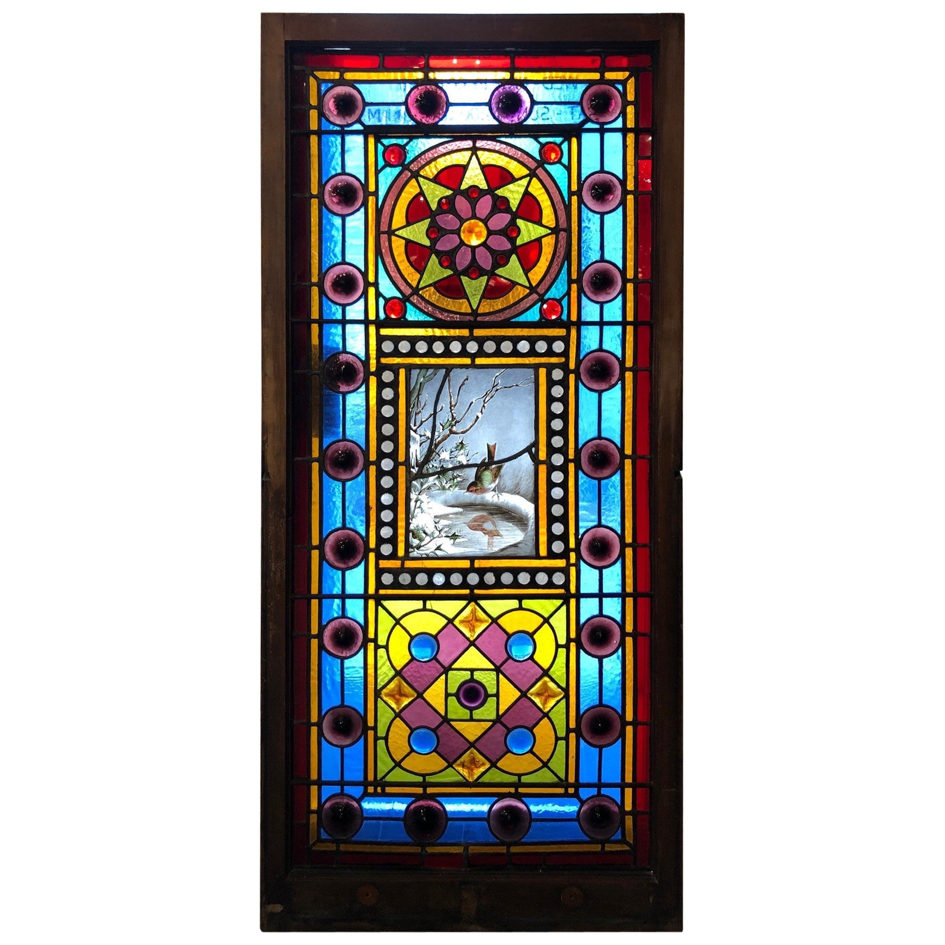 Late 19th Century Antique Stained Glass Window with Hand Painted Center, Jewels