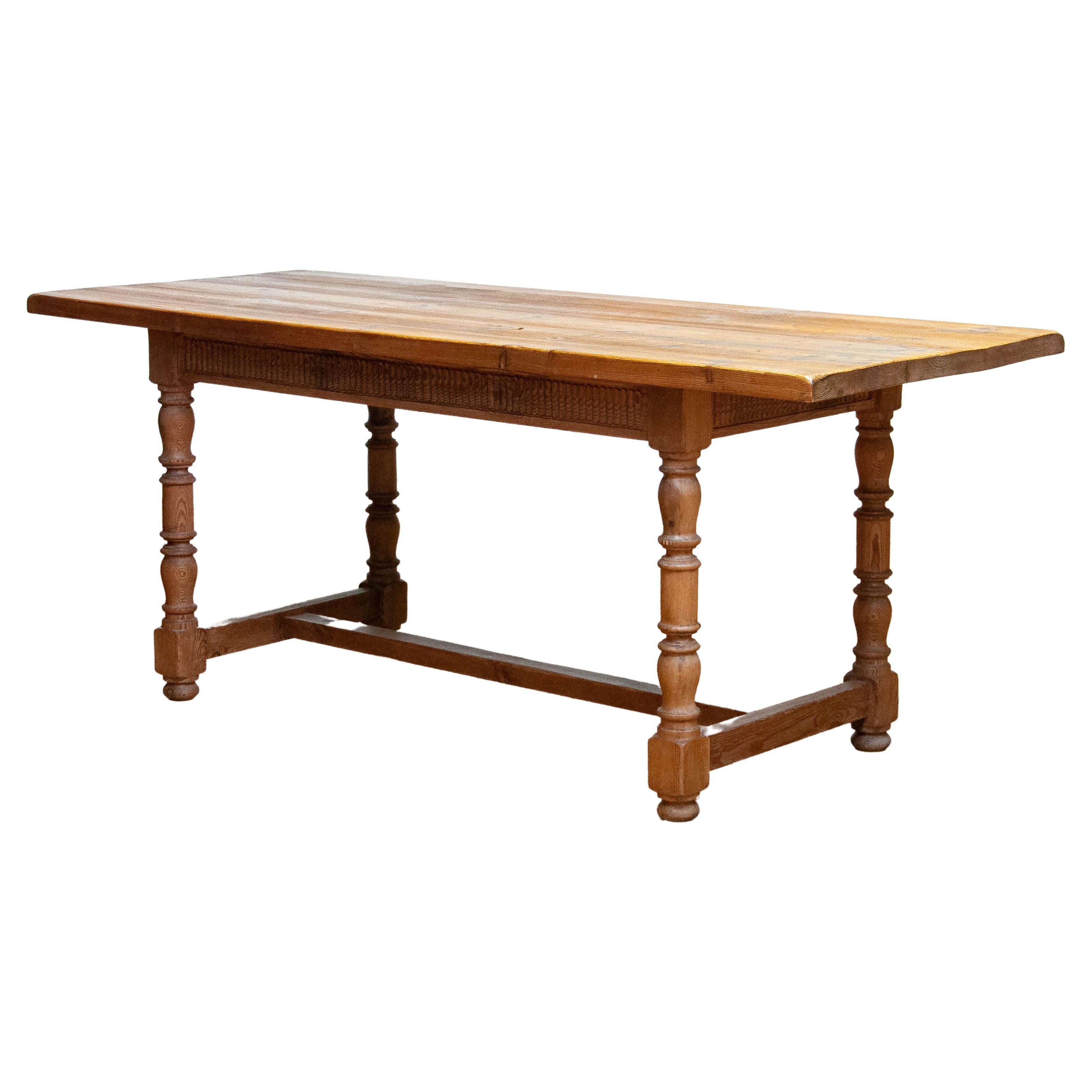 Late 19th Century Antique Swedish Folk Art Farm Country Dining Table In Pine For Sale
