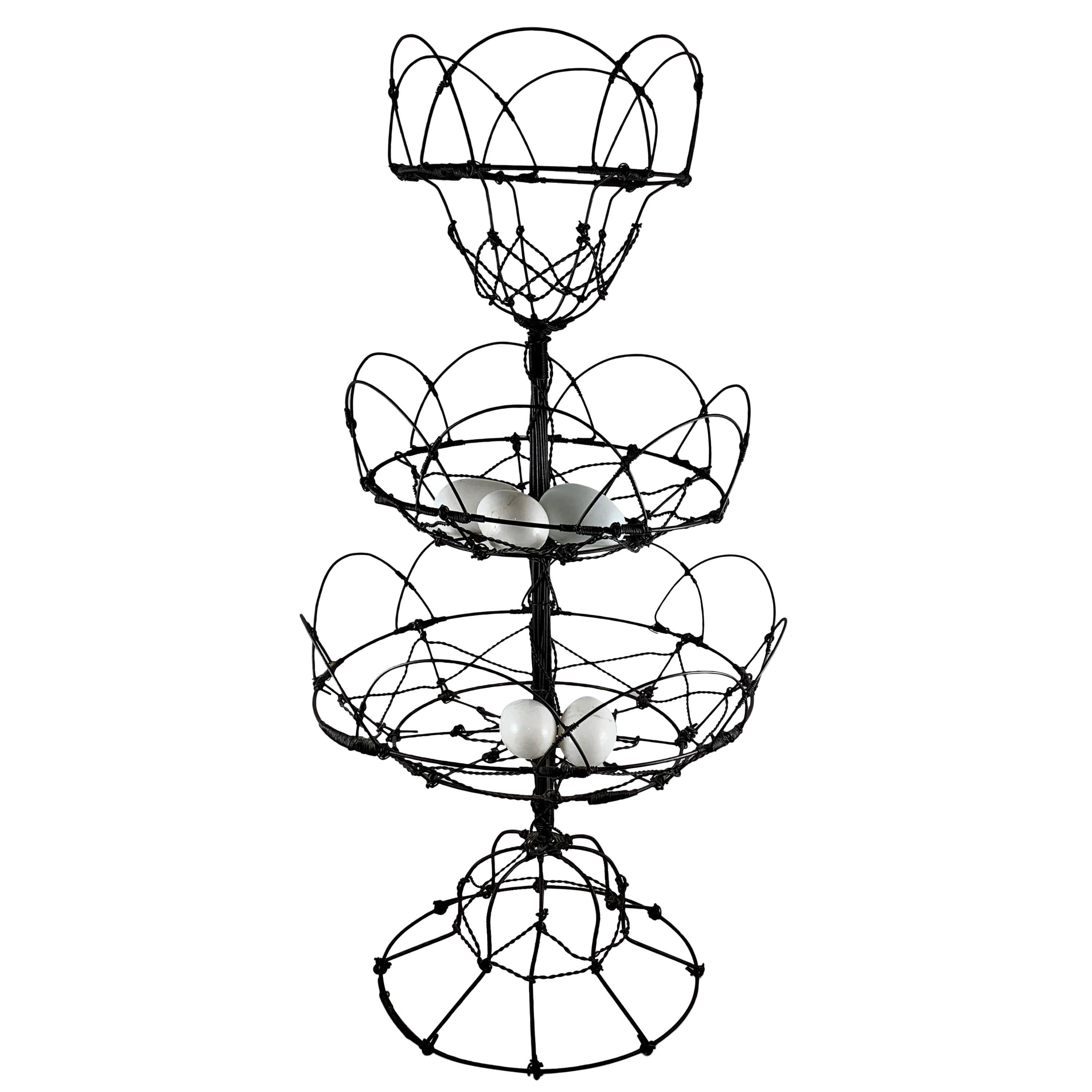 Late 19th Century Antique French Triple Tier Handmade Twisted Black Wire Basket