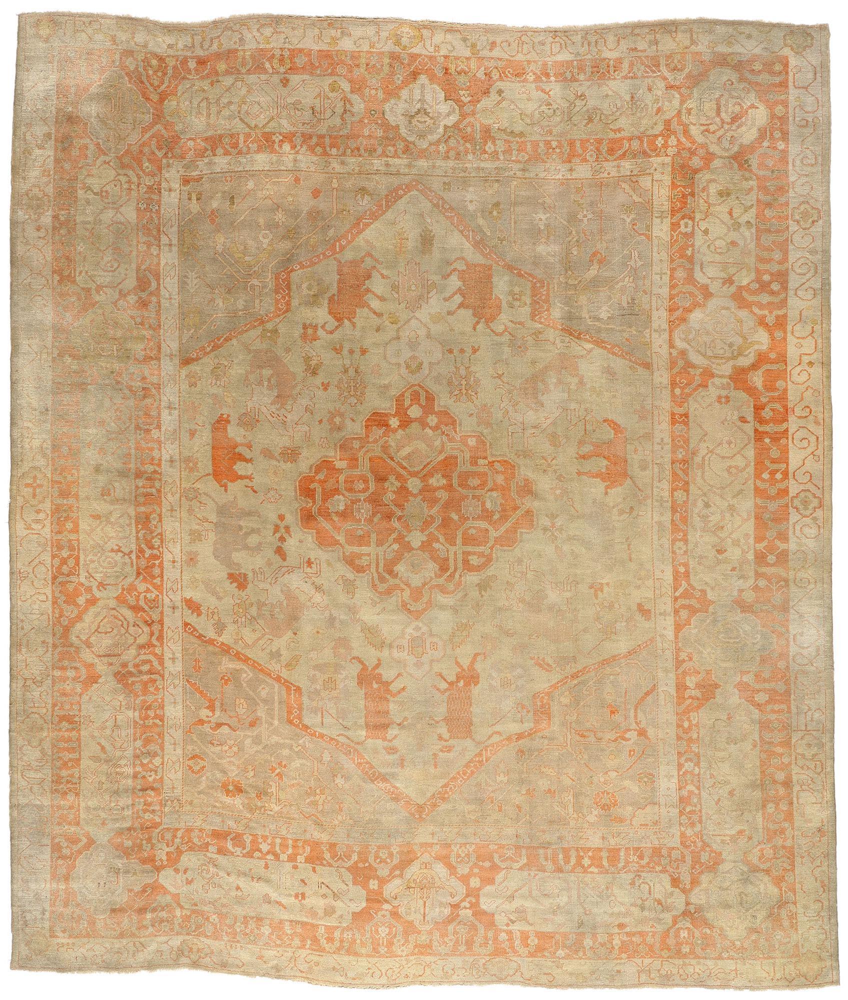 Late 19th Century Antique Turkish Hunting Oushak Carpet with Traditional Style