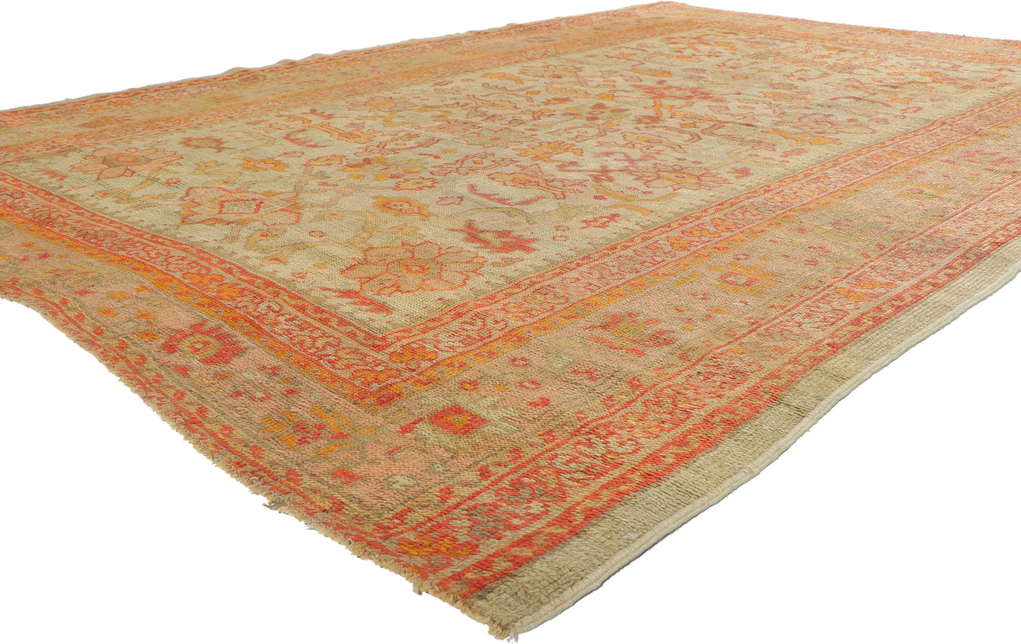 74181 Antique tapis turc Oushak à motif géométrique. Resplendissant d'éléments de design turcs traditionnels, ce tapis Oushak antique communique avec élégance certains des points les plus fins du design classique des tapis turcs. Ce tapis Oushak