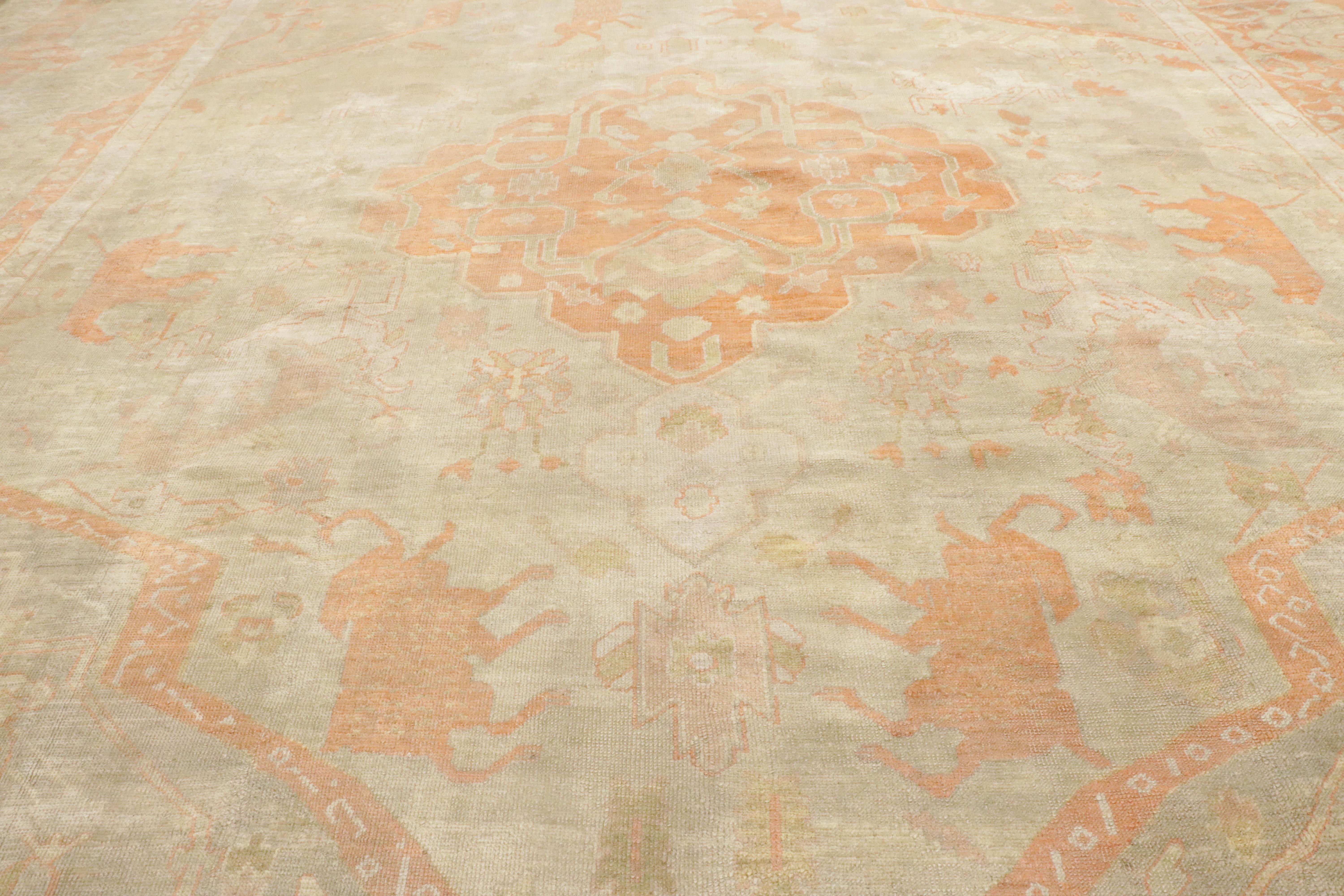 Late 19th Century Antique Turkish Hunting Oushak Carpet with Traditional Style For Sale 9