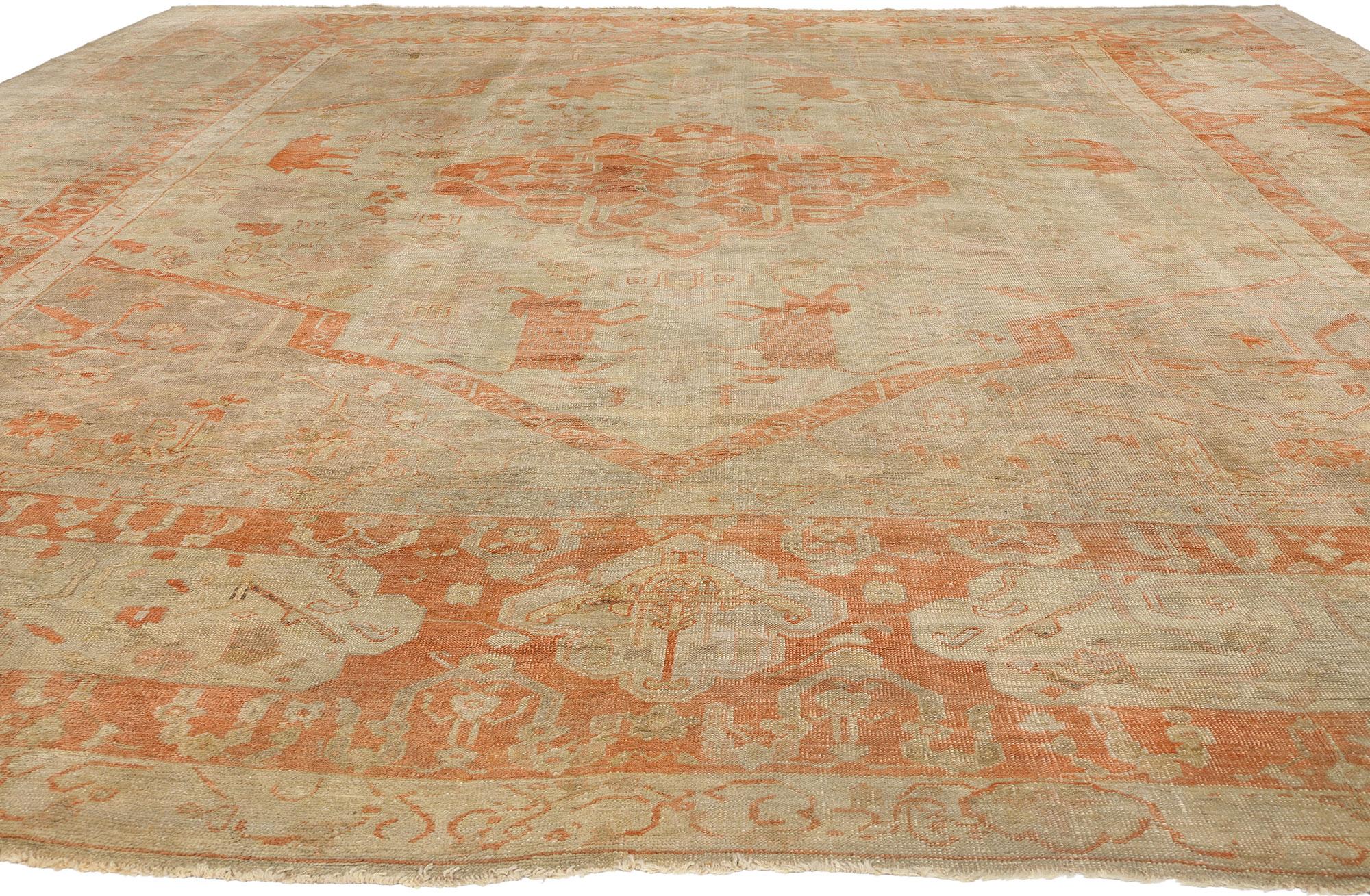 Hand-Knotted Late 19th Century Antique Turkish Hunting Oushak Carpet with Traditional Style For Sale