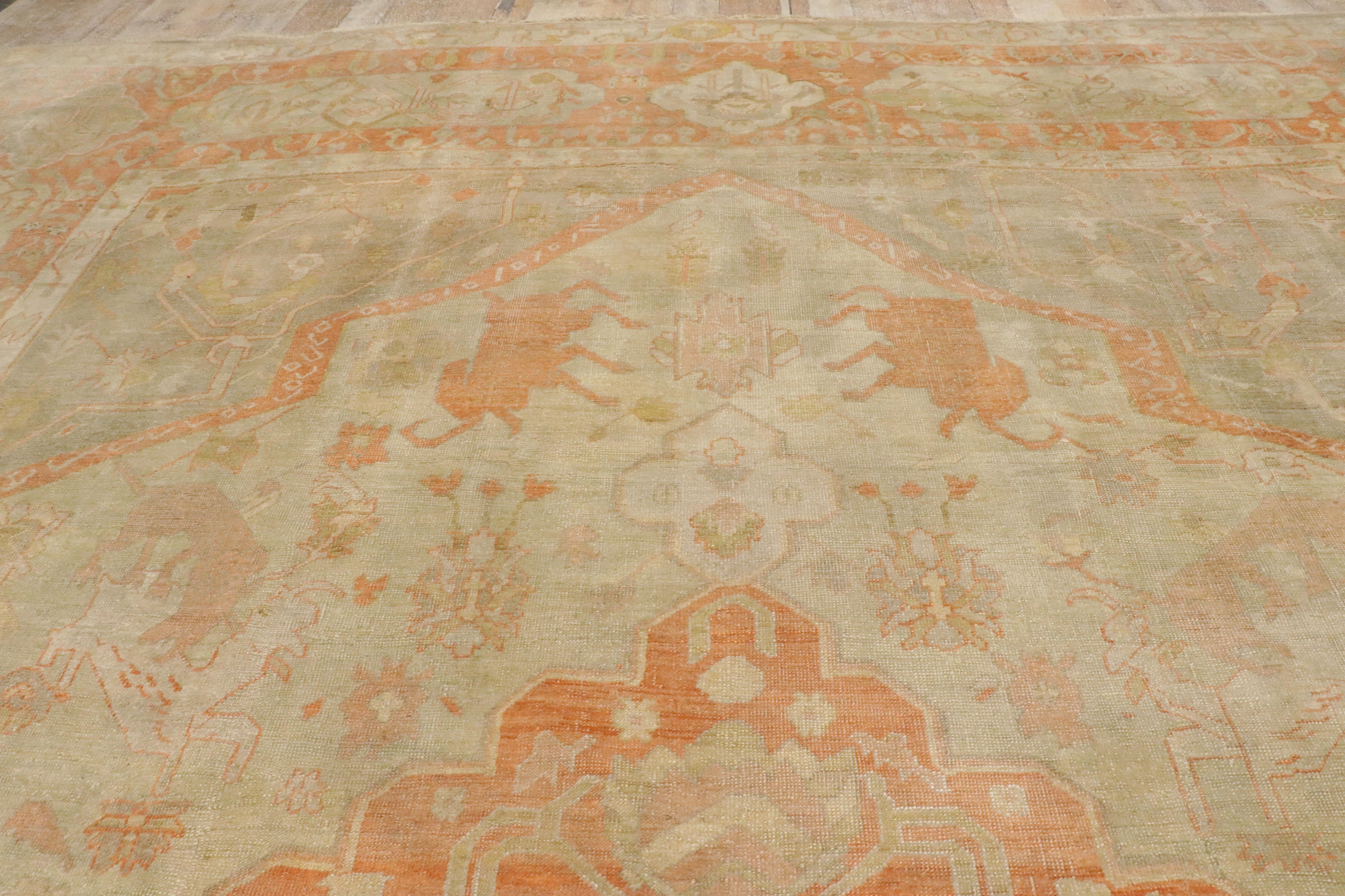 Late 19th Century Antique Turkish Hunting Oushak Carpet with Traditional Style For Sale 12