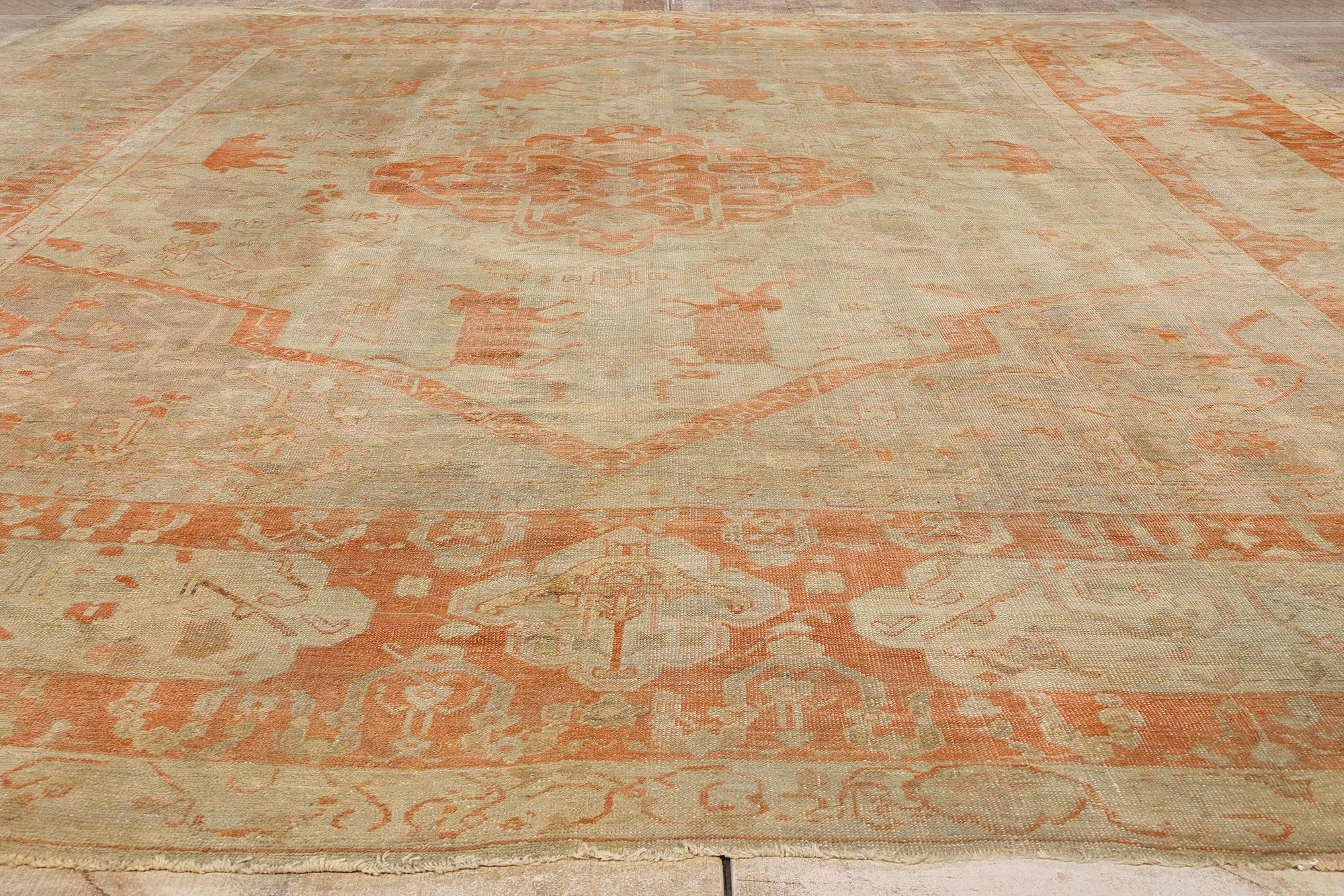 Late 19th Century Antique Turkish Hunting Oushak Carpet with Traditional Style For Sale 5