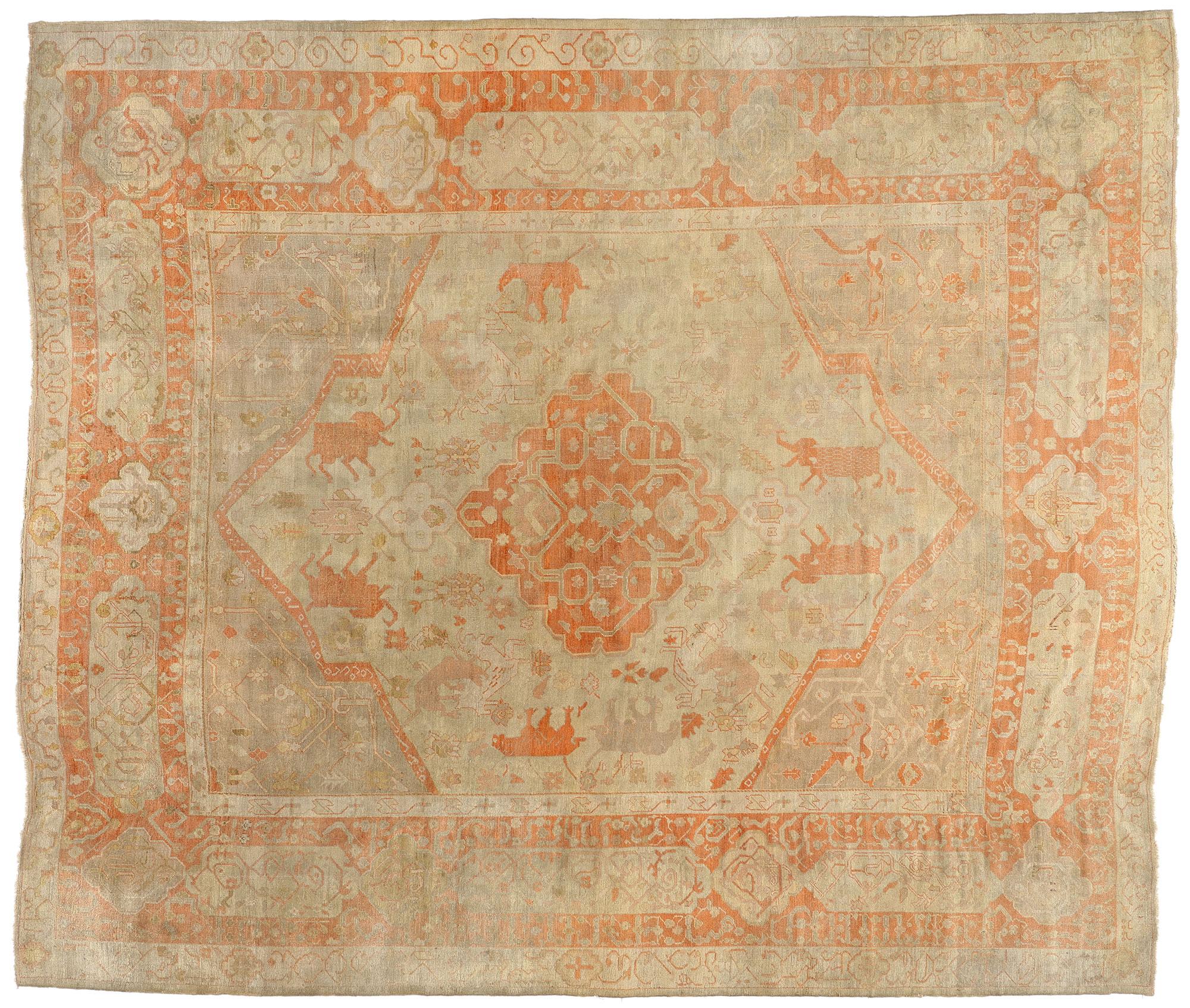 Late 19th Century Antique Turkish Hunting Oushak Carpet with Traditional Style For Sale 7