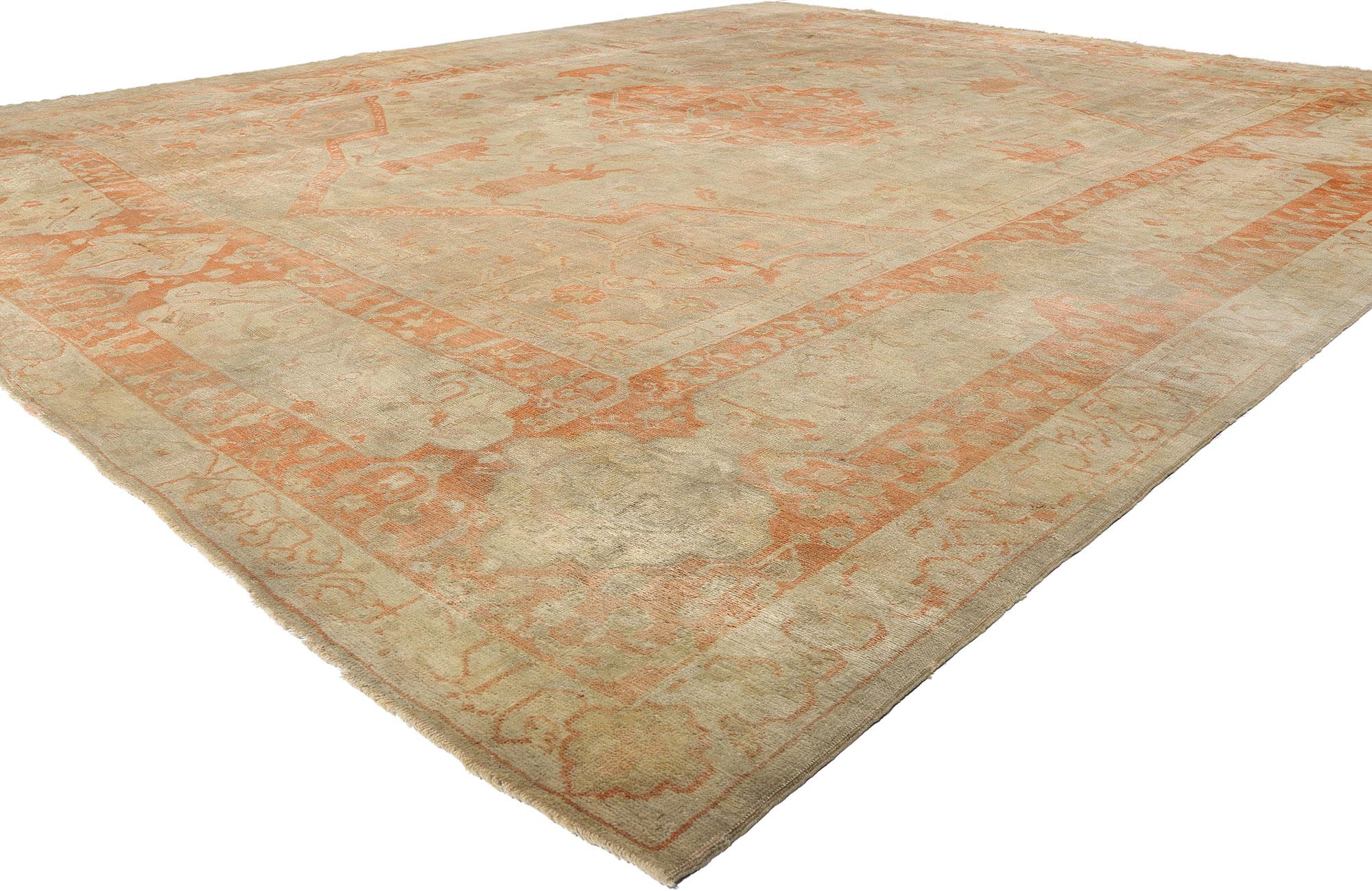 74255 Late 19th Century Antique Turkish Hunting Scene Oushak Rug, 14'06 x 17'00. An Ode to the Chase: Where Kings Ride and Elephants Walk Among Shadows. Woven beneath the golden haze of Anatolia's late Ottoman skies, this monumental hand knotted