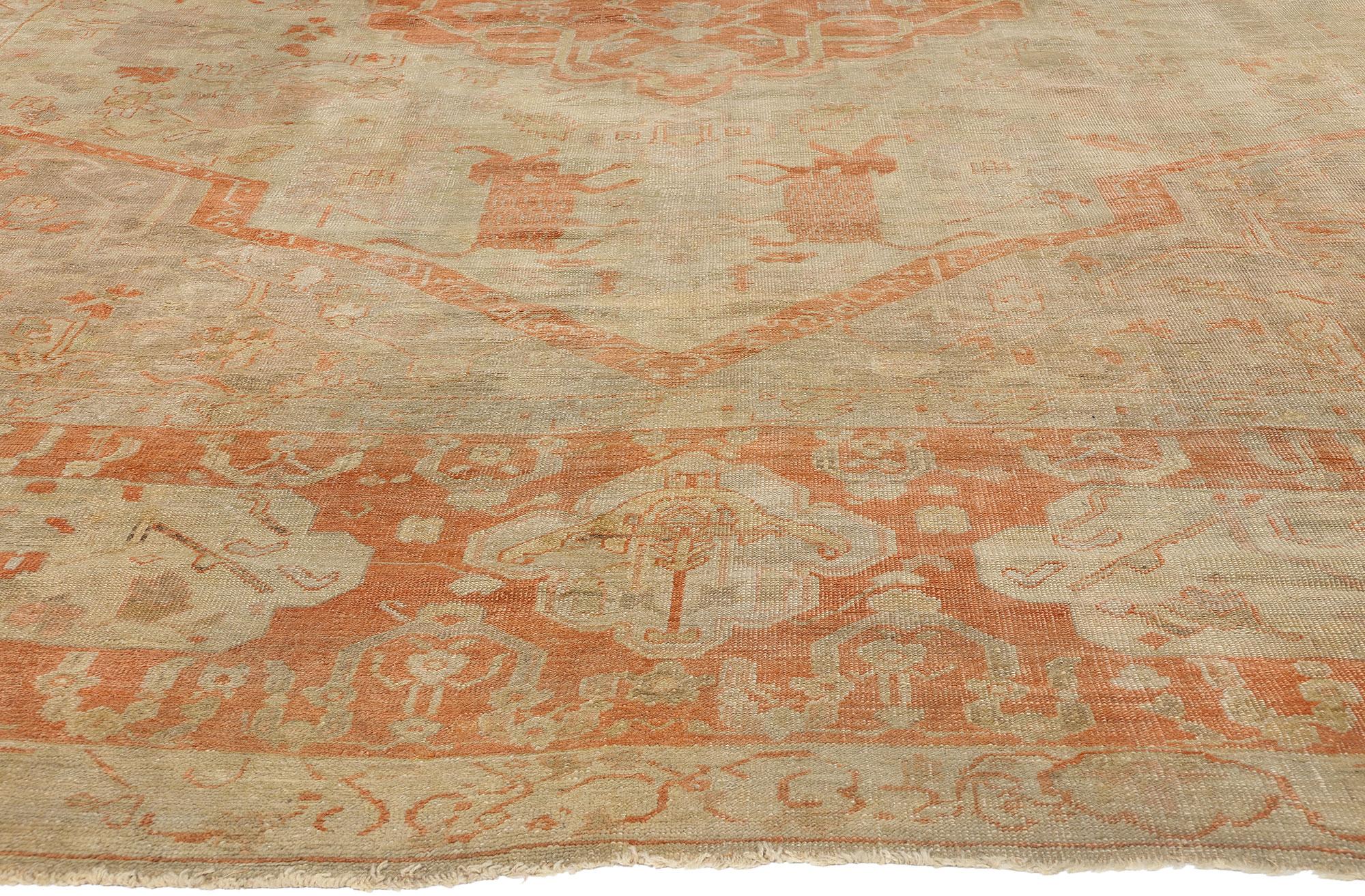 Late 19th Century Antique Turkish Hunting Oushak Carpet with Traditional Style In Distressed Condition For Sale In Dallas, TX