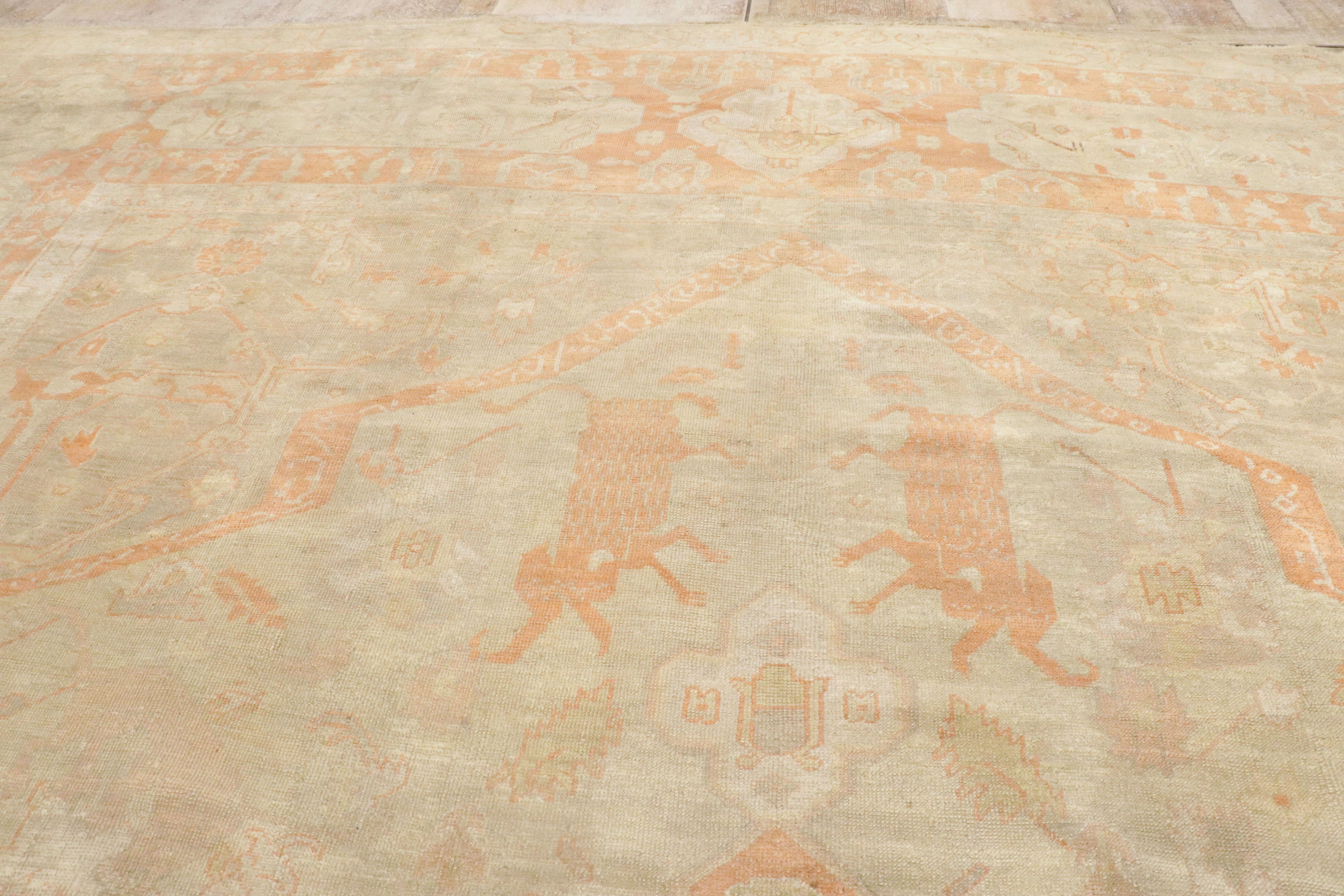 Late 19th Century Antique Turkish Hunting Oushak Carpet with Traditional Style For Sale 8