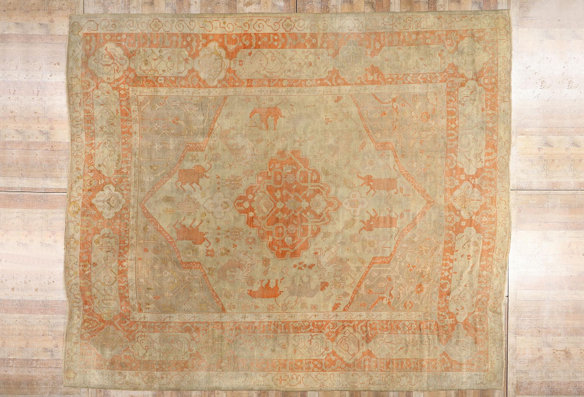 Late 19th Century Antique Turkish Hunting Oushak Carpet with Traditional Style For Sale 6