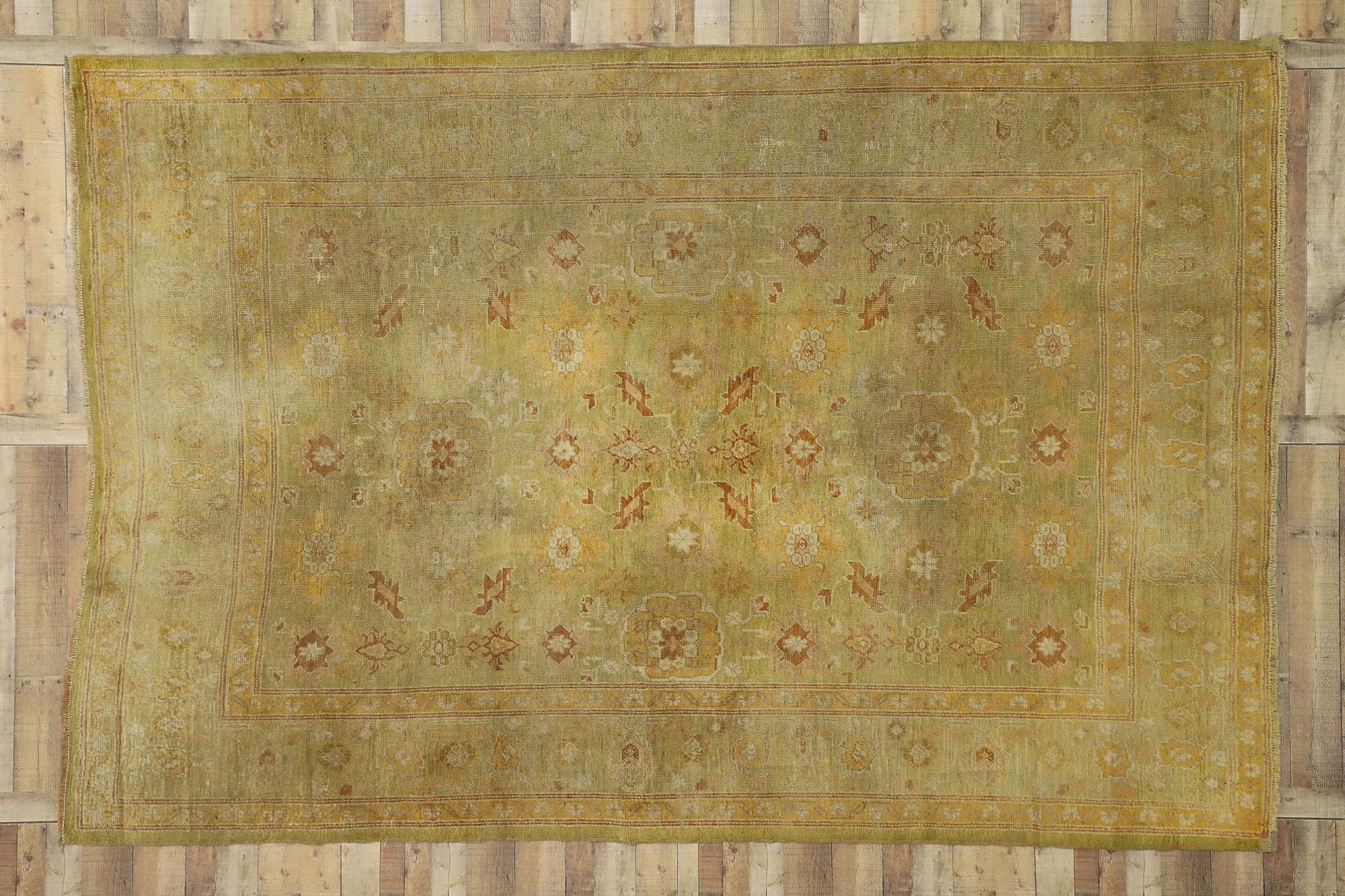 Wool Late 19th-Century Antique Turkish Oushak Rug with English Cottage Style For Sale