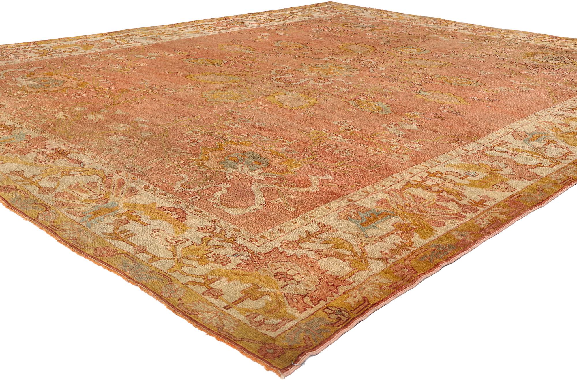 51231, distressed antique Turkish Oushak Area rug with rustic neoclassical style 10 x 12'05. Showcasing a timeless design and beguiling beauty, this hand knotted wool antique Turkish Oushak rug imparts a sense of warmth and welcomed informality. It