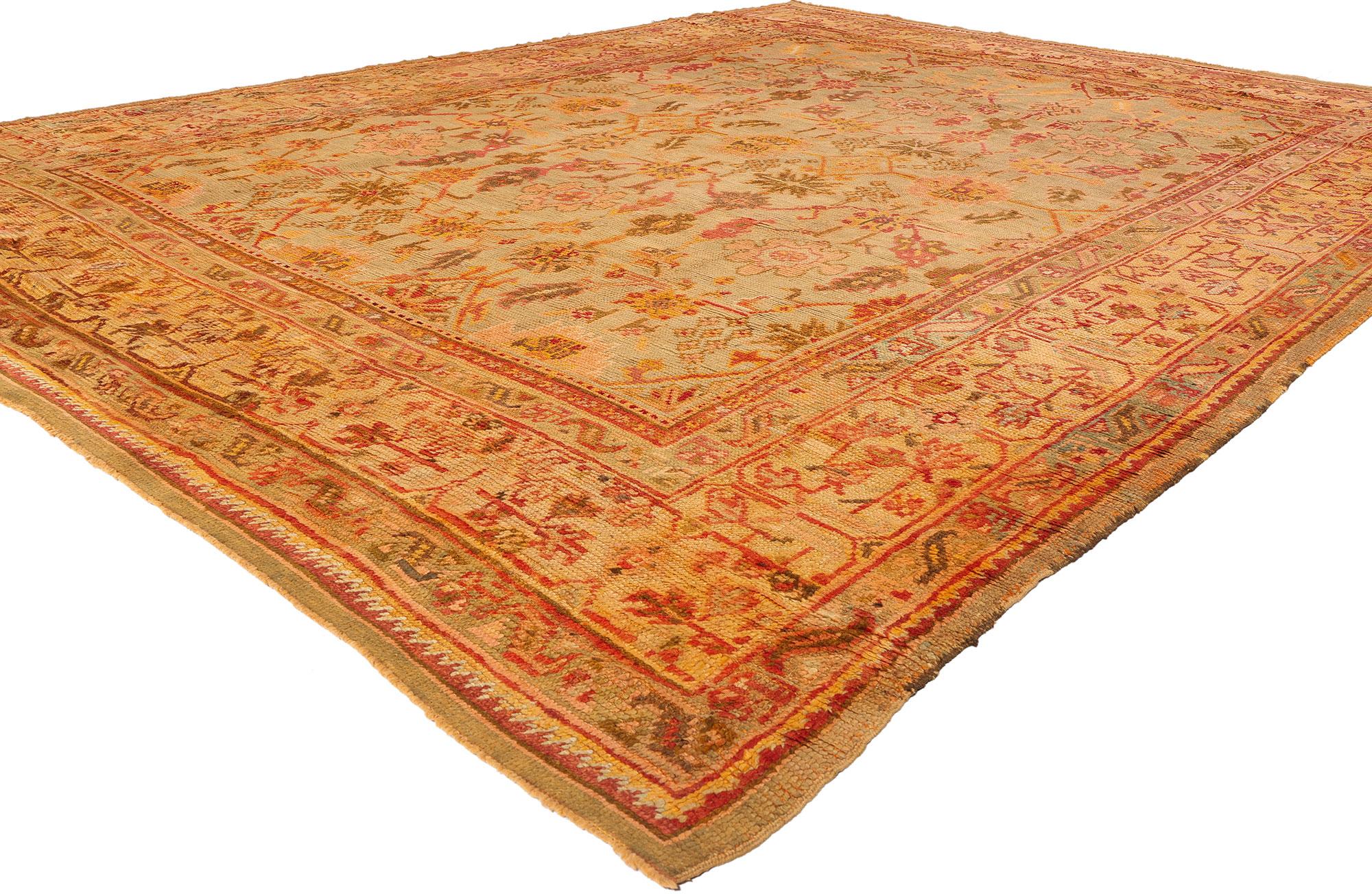 74175 Late 19th Century Antique Turkish Oushak Rug, 10'05 x 14'03. Woven in the grand tradition of Anatolian craftsmanship, this hand knotted wool Late 19th Century antique Turkish Oushak rug embodies the quiet elegance and time-honored artistry of
