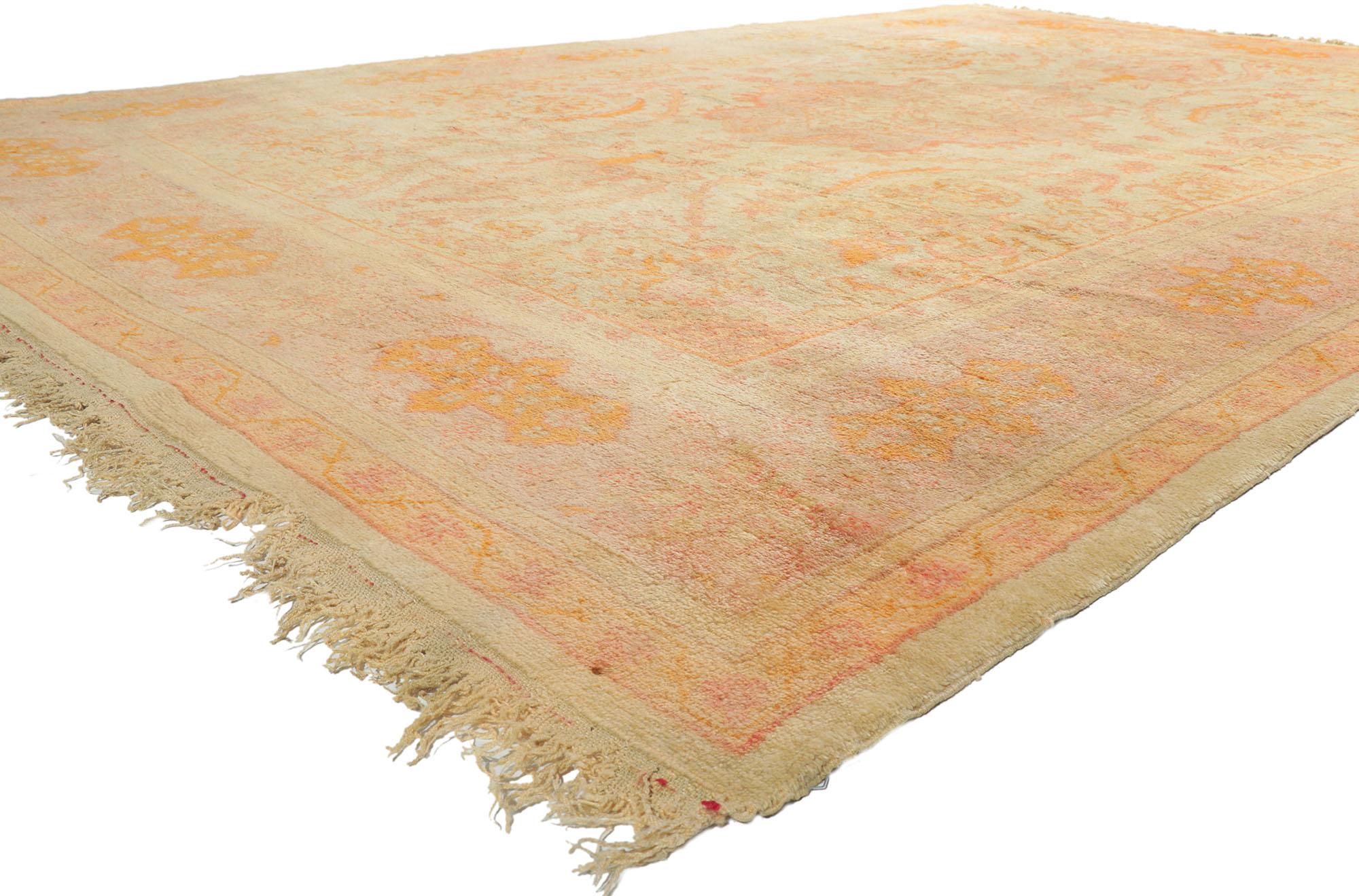 78159 antique Turkish Oushak rug, 10'02 x 14'07. With its effortless beauty and timeless design, this hand knotted wool antique Turkish Oushak rug is poised to impress. Featuring a botanical center medallion anchored with palmette pendants on either